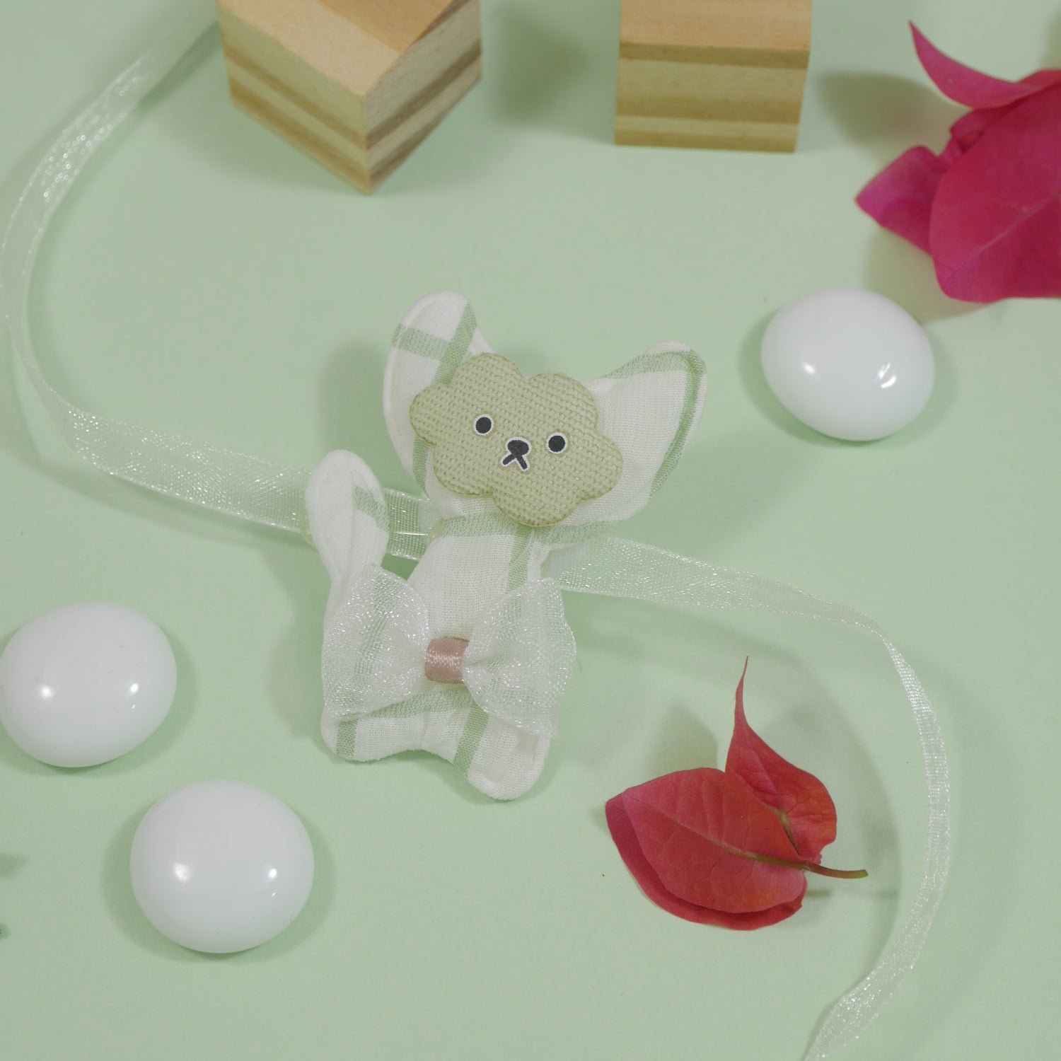 Cute Cat Mint Kids Rakhi with Roli Chawal & Rakshabhandan Card