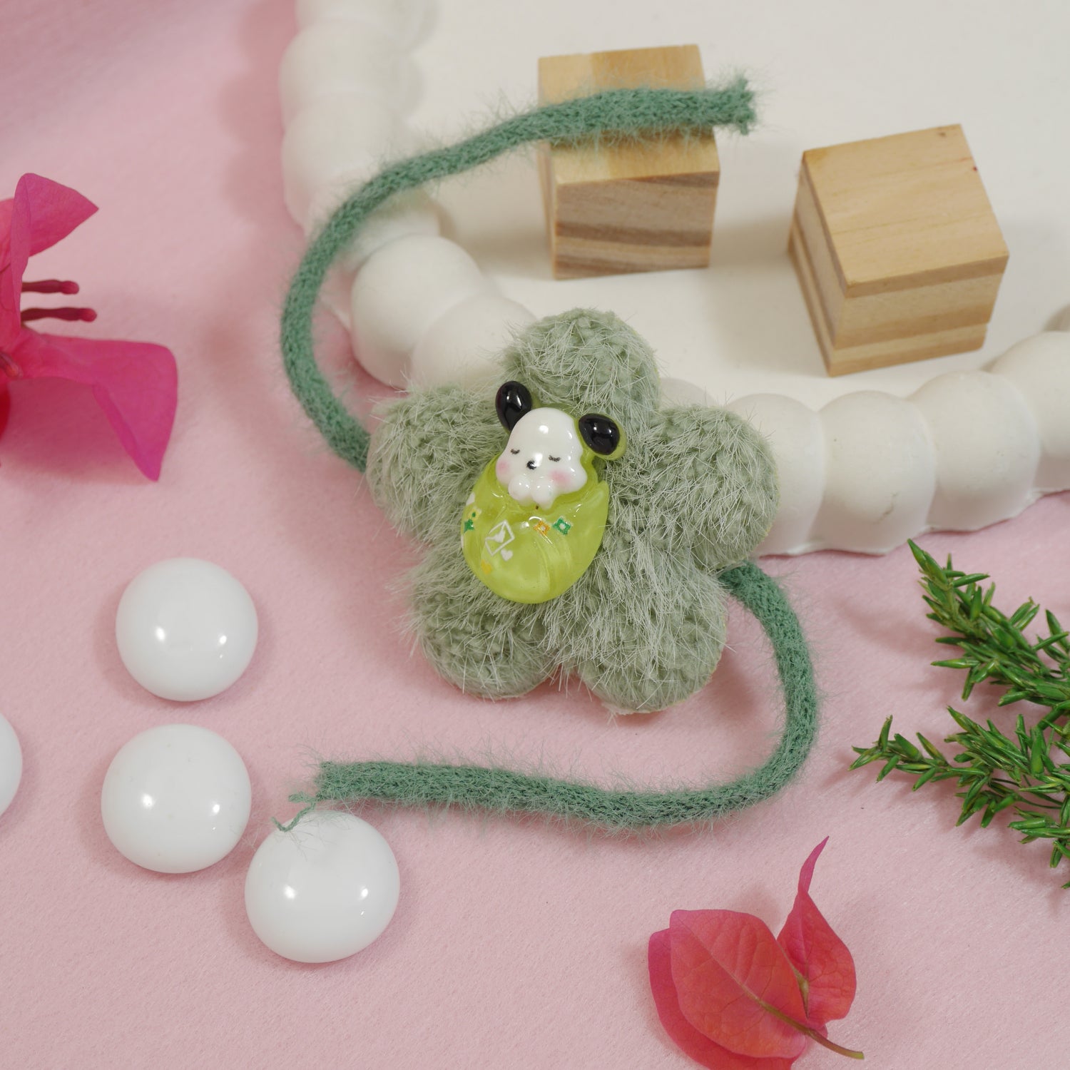 Panda Soft Green Flower Base Rakhi With Roli Chawal & Rakshabandhan Card