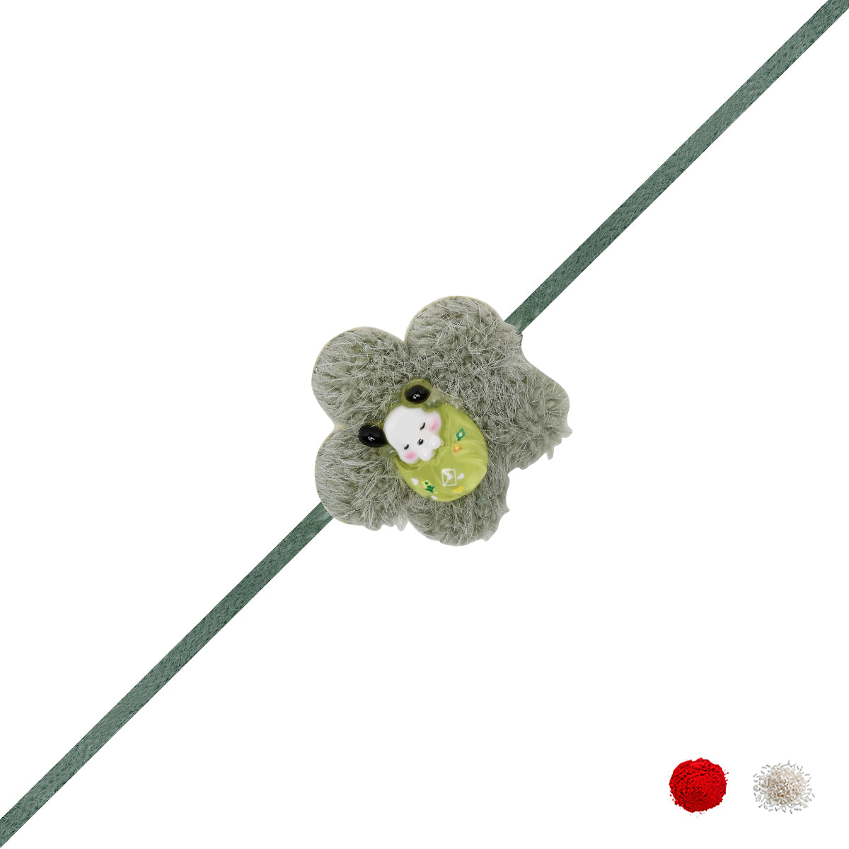 Panda Soft Green Flower Base Rakhi With Roli Chawal & Rakshabandhan Card