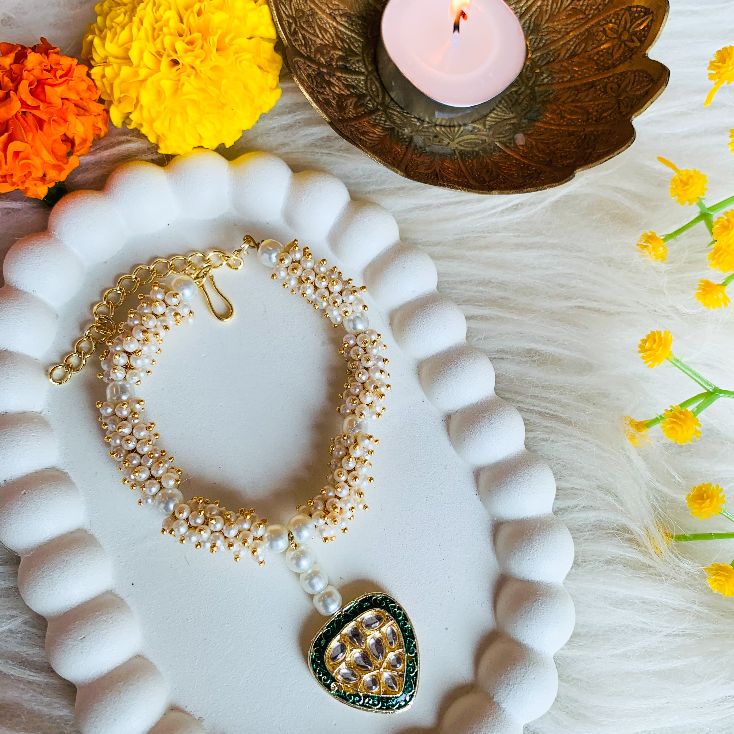 Pearl Cluster Lumba Bracelet with Kundan Pendant