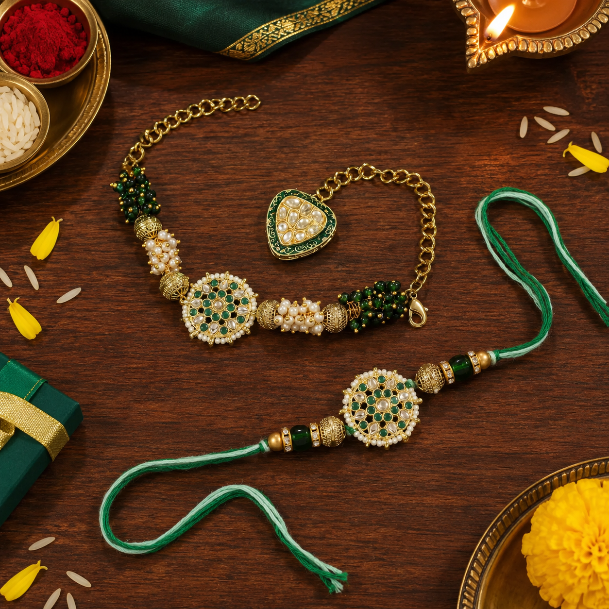 Pearl & Kundan Bhaiya Bhabhi Lumba Rakhi With Roli Chawal & Rakshabandhan Card