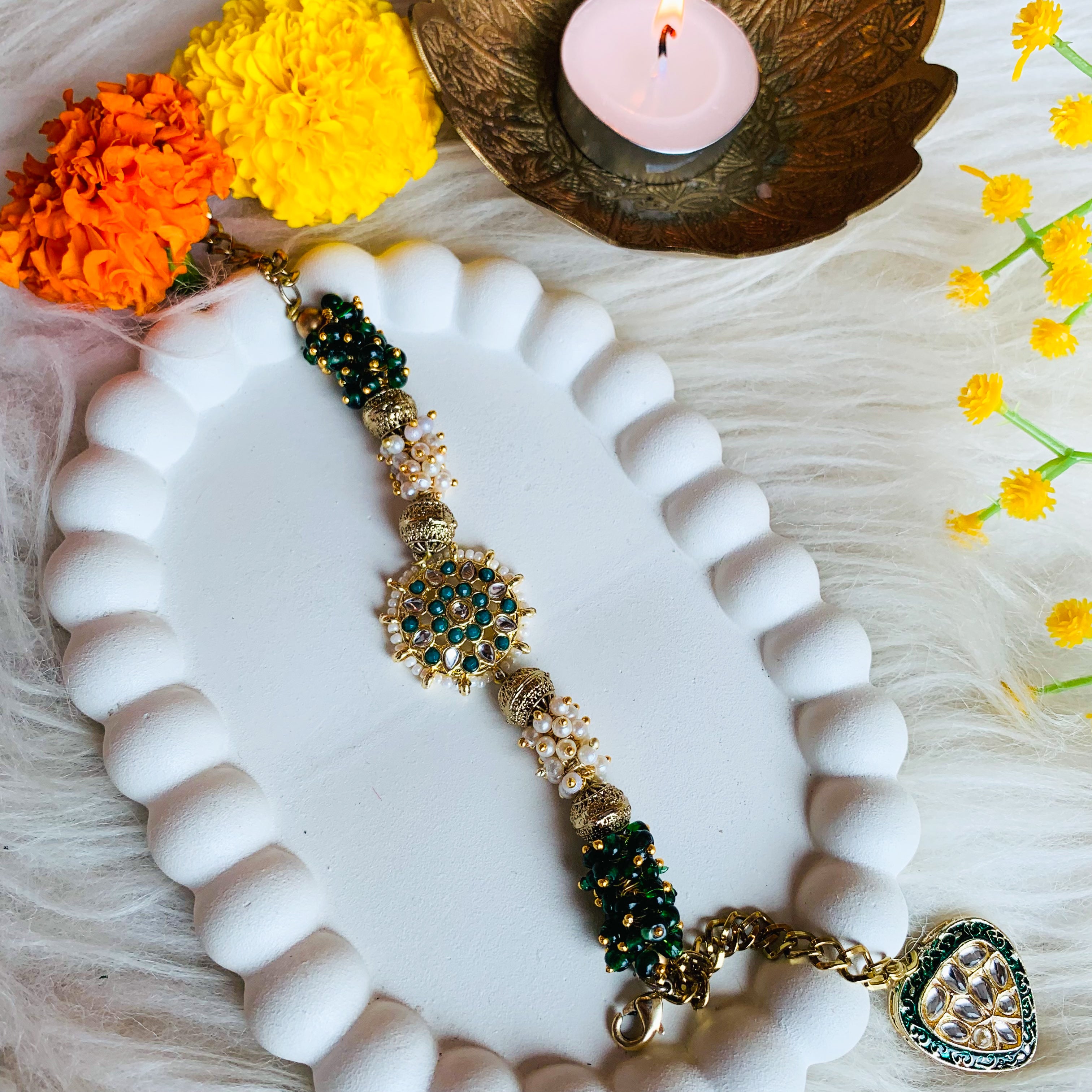 Pearl Beaded Hanging Lumba with CenterPiece Bracelet Rakhi