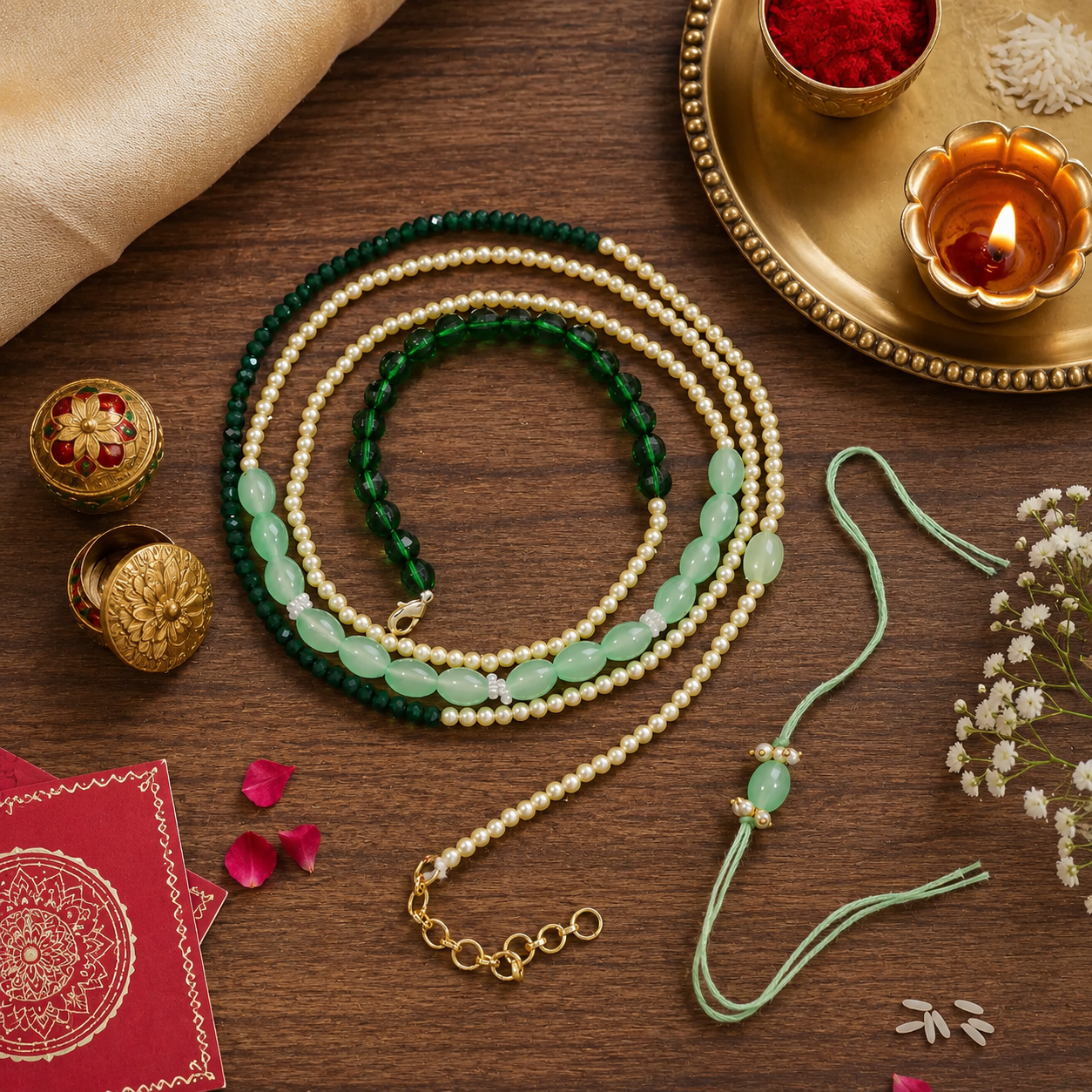Elegant Bhaiya Bhabhi White Wrap Around Lumba Pearl Rakhi With Roli Chawal & Card