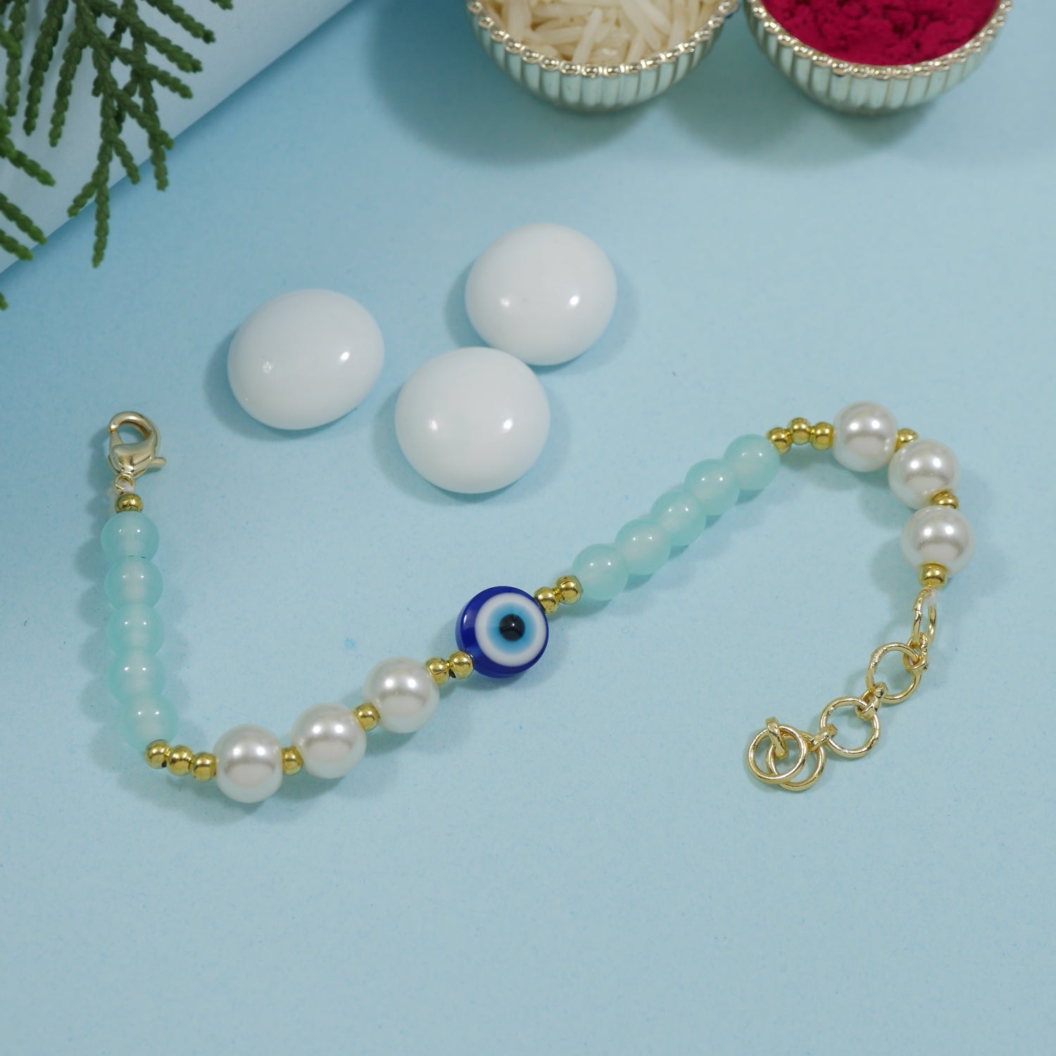 Evil Eye Beaded Bhaiya Bhabhi Rakhi With Roli Chawal & Rakshabandhan Card
