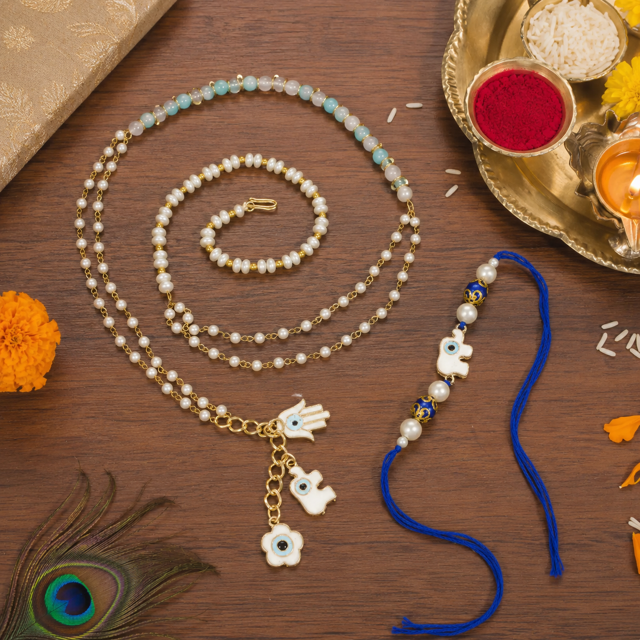 Elegant Bhaiya Bhabhi Wrap Around Lumba Pearl Rakhi With Roli Chawal & Card