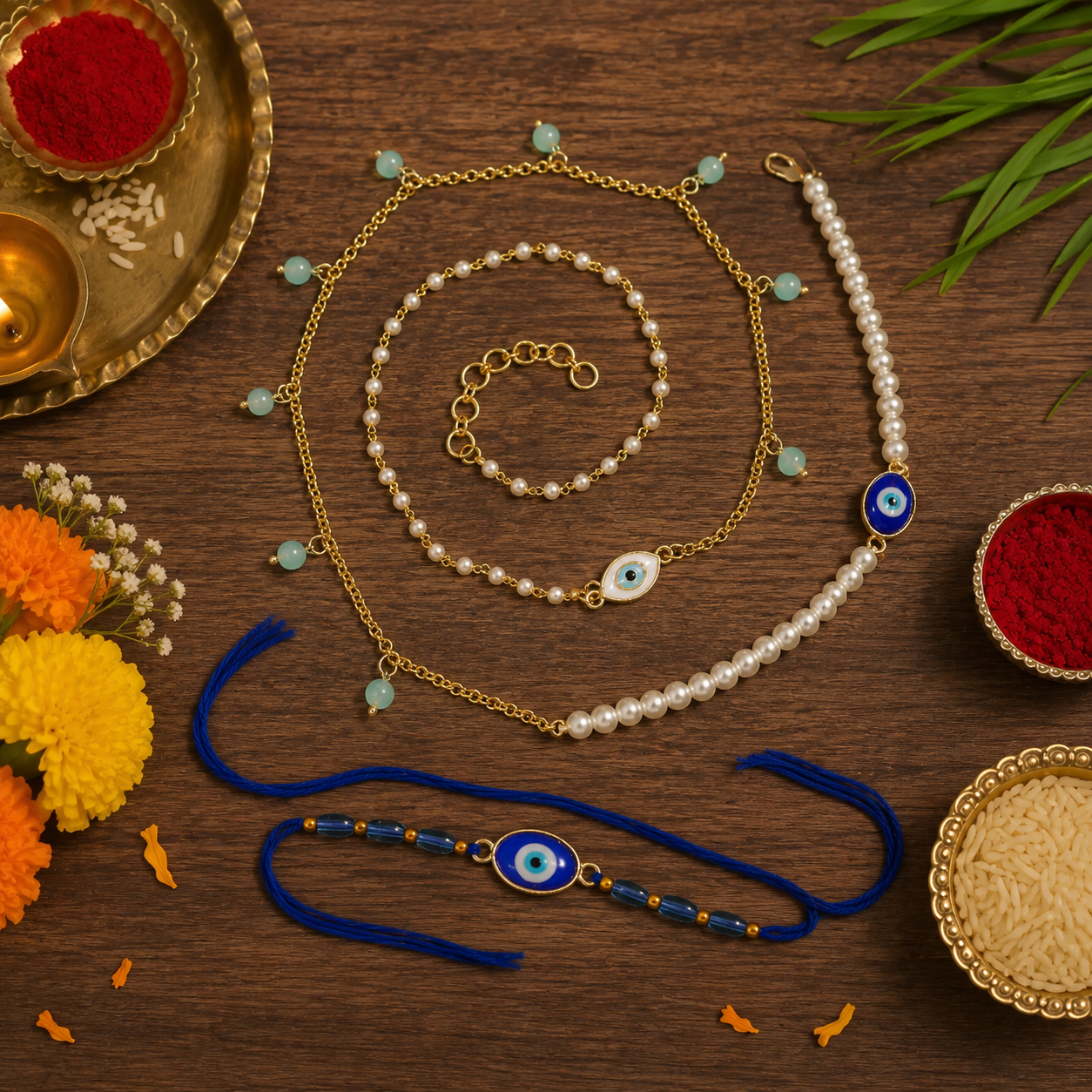 Elegant Bhaiya Bhabhi Wrap Around Lumba Pearl Rakhi With Roli Chawal & Card
