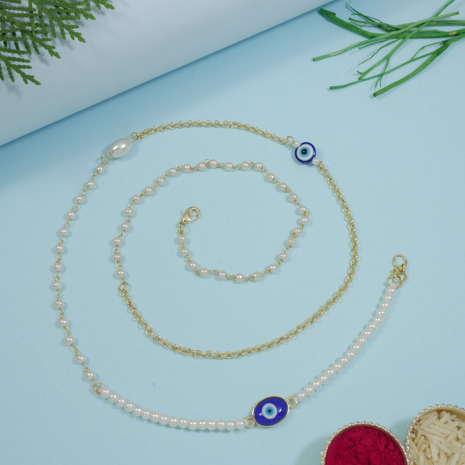 Elegant Bhaiya Bhabhi Wrap Around Lumba Pearl Rakhi With Roli Chawal & Card