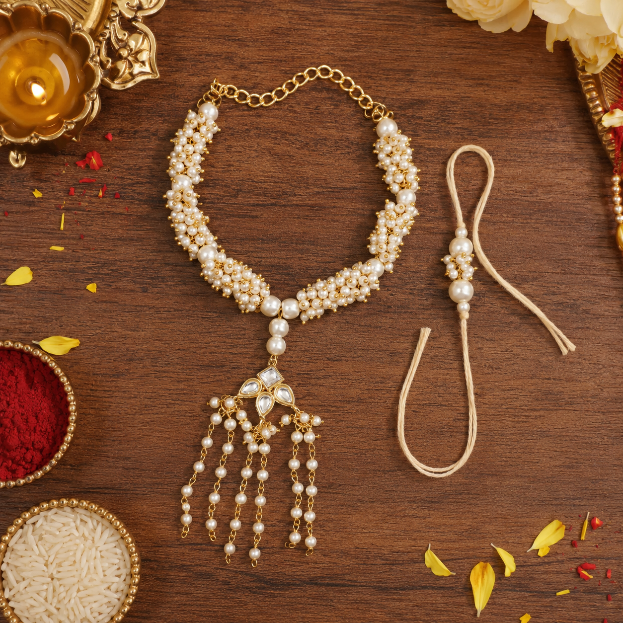 Delicate Pearl Work Bhaiya Bhabhii Lumba Rakhi With Roli Chawal & Rakshabandhan Card