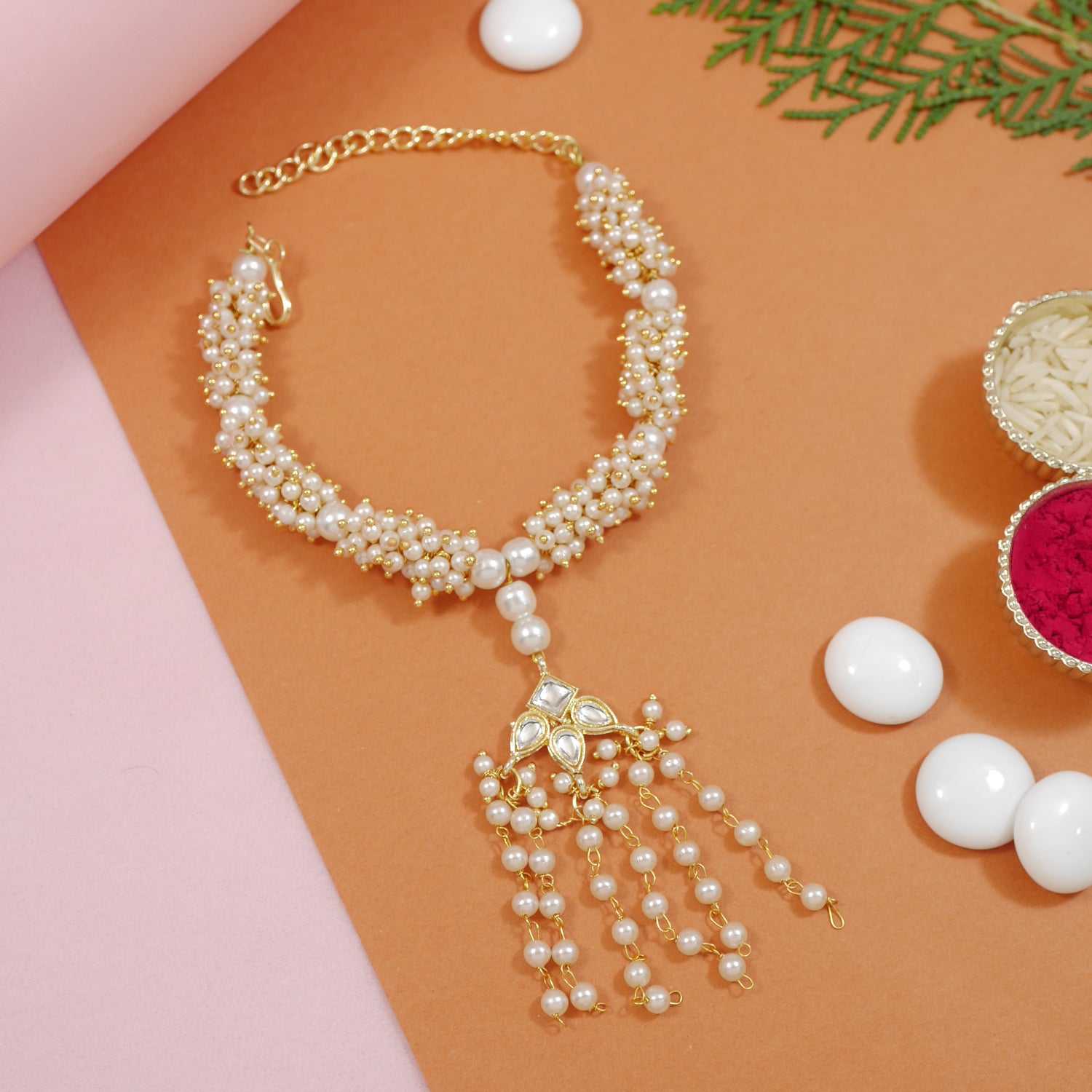 Delicate Pearl Work Bhaiya Bhabhii Lumba Rakhi With Roli Chawal & Rakshabandhan Card