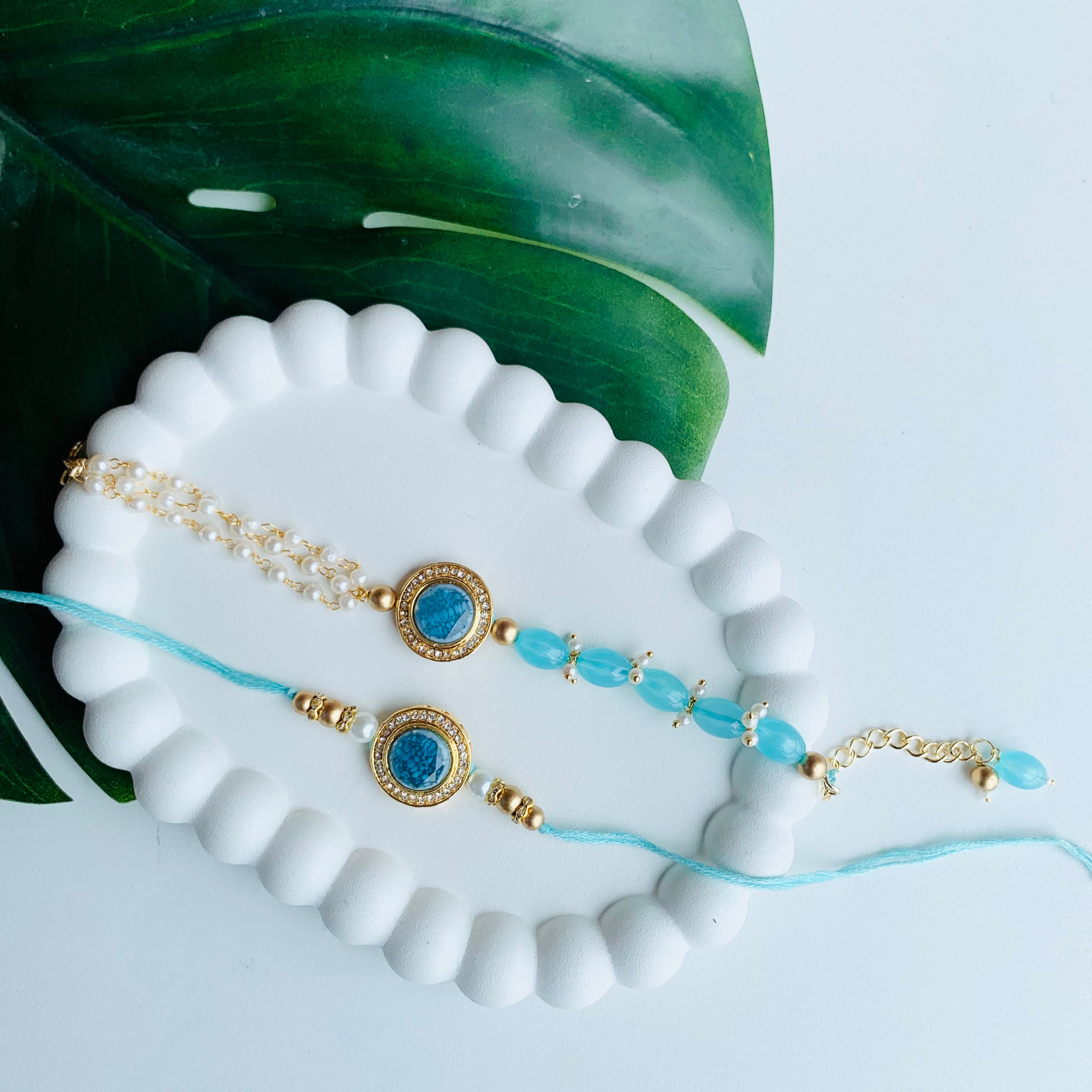 Turquoise Pearl & Kundan Bhaiya Bhabhi Lumba Rakhi With Roli Chawal & Rakshabandhan Card