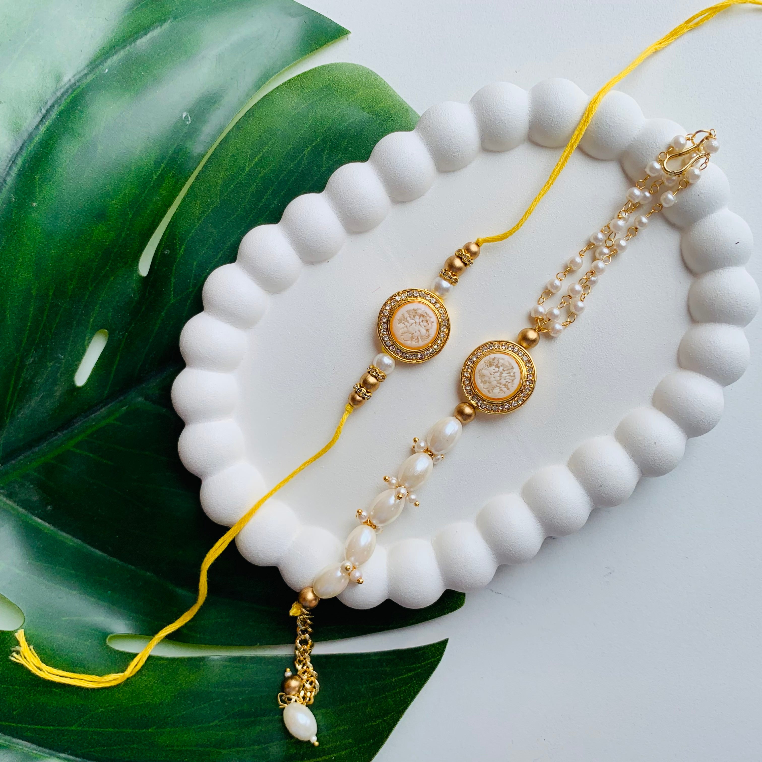 White Pearl & Kundan Bhaiya Bhabhi Lumba Rakhi With Roli Chawal & Rakshabandhan Card