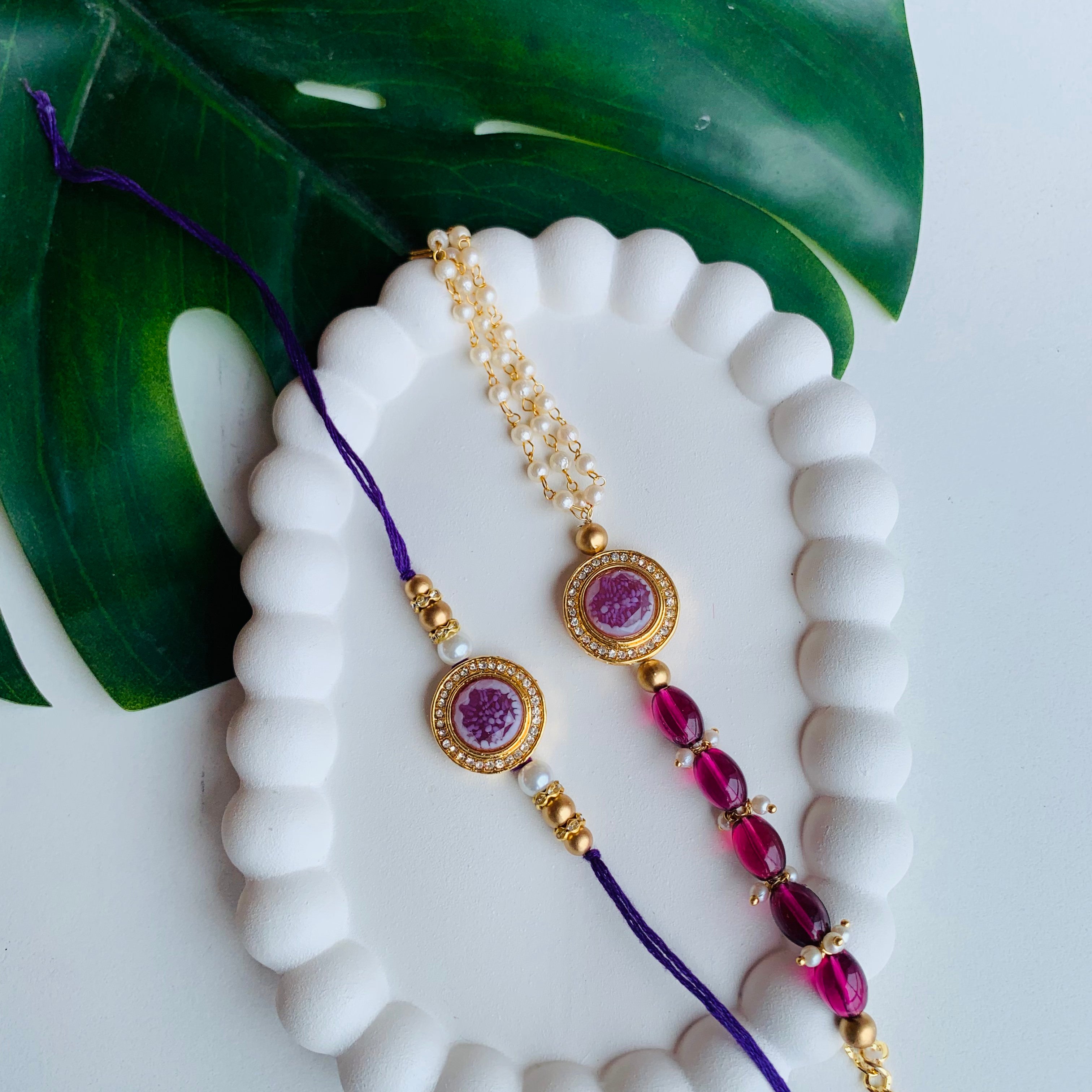 Wine Pearl & Kundan Bhaiya Bhabhi Lumba Rakhi With Roli Chawal & Rakshabandhan Card