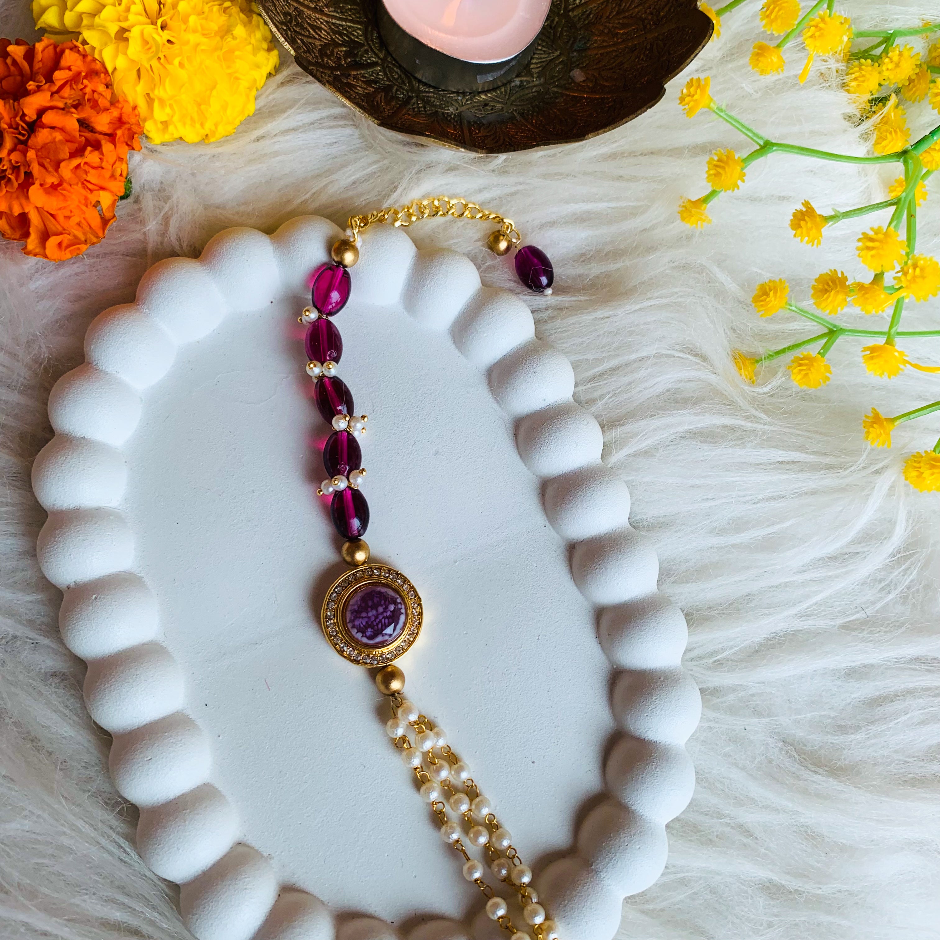 Wine Pearl & Kundan CenterPiece Bracelet