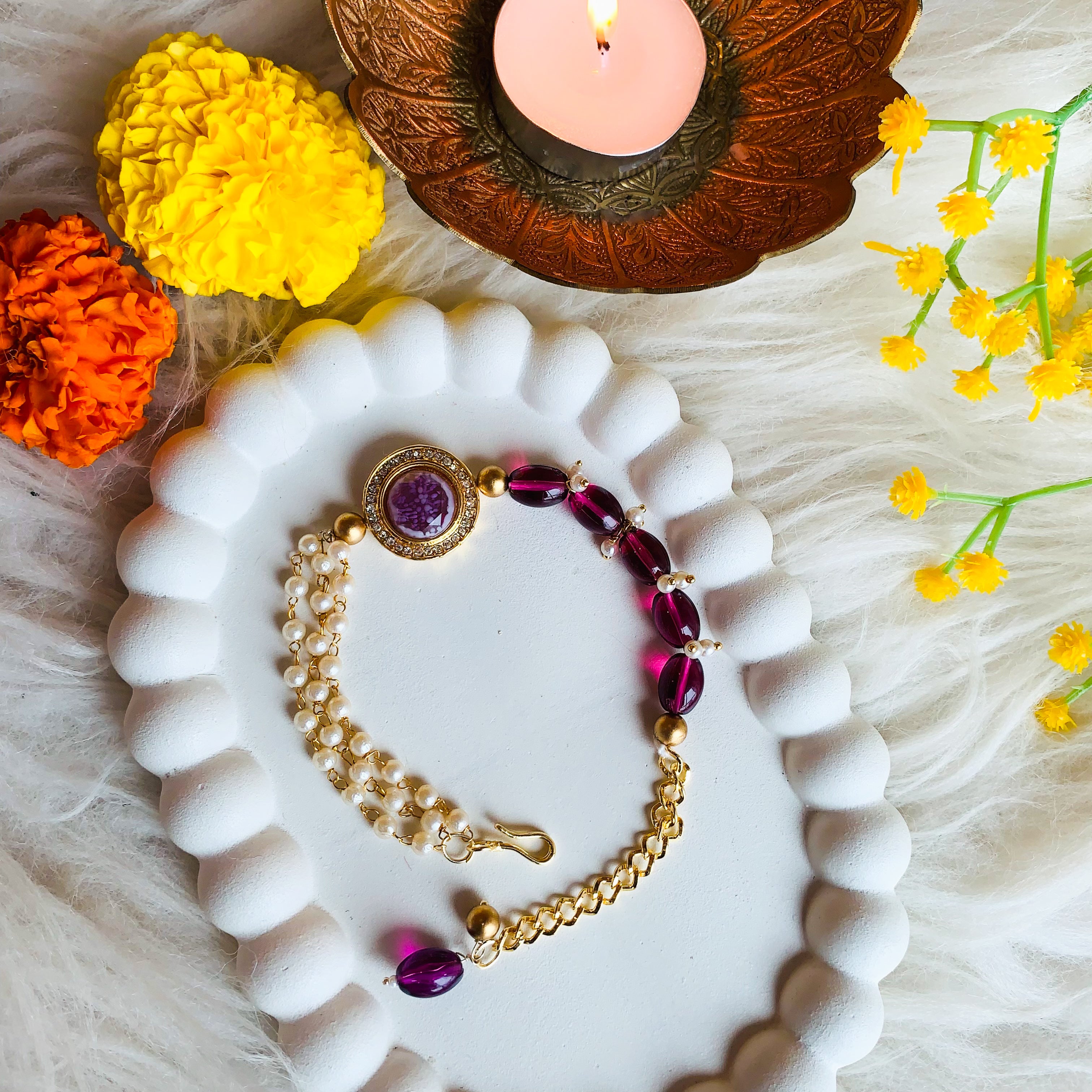 Wine Pearl & Kundan CenterPiece Bracelet