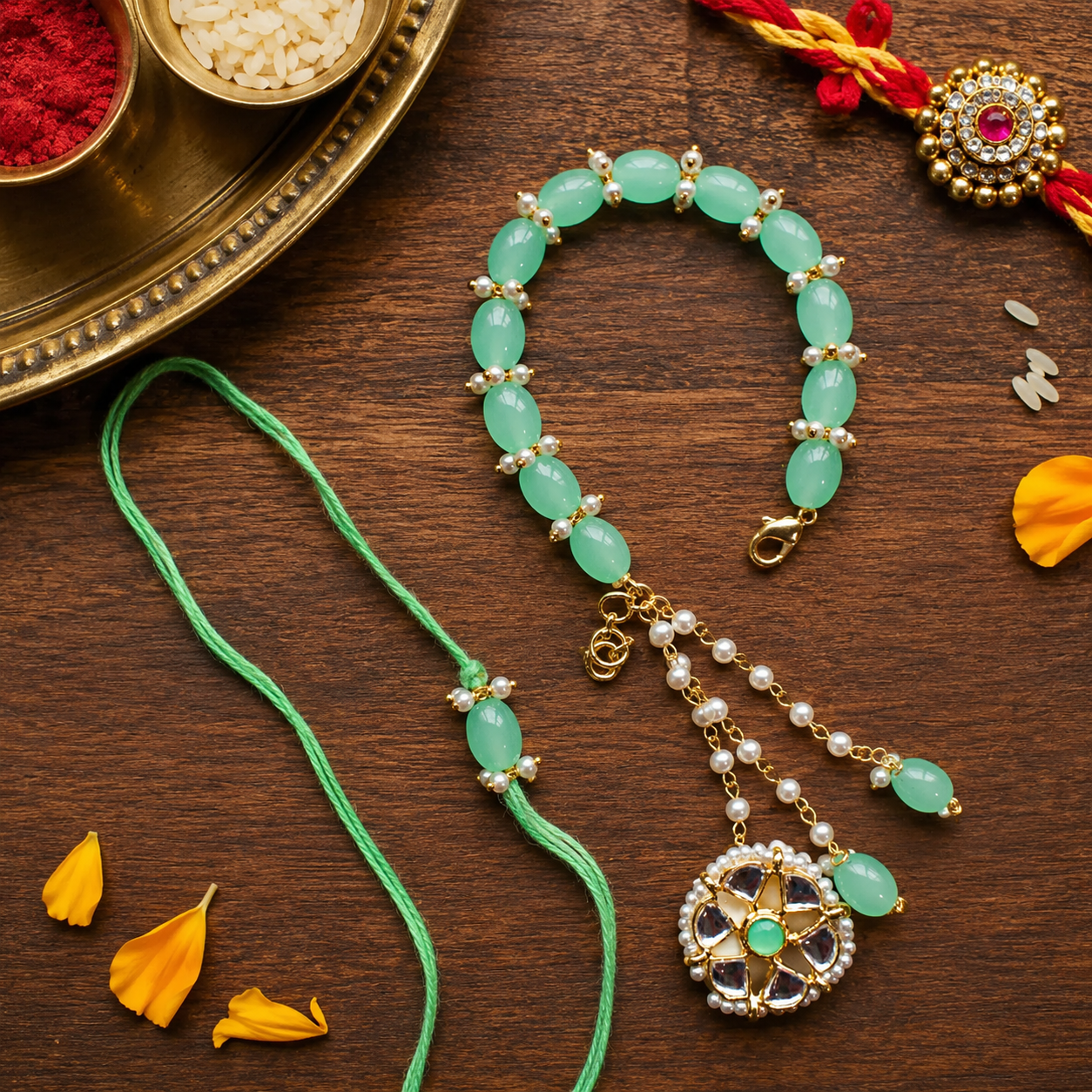 Mint Green Kundan Pearl Bhaiya Bhabhi Rakhi With Roli Chawal & Rakshabandhan Card