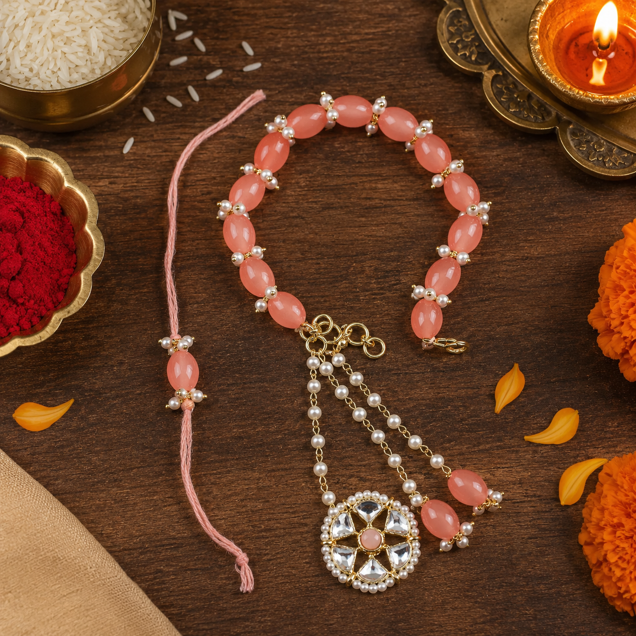Peach Kundan Pearl Bhaiya Bhabhi Rakhi With Roli Chawal & Rakshabandhan Card