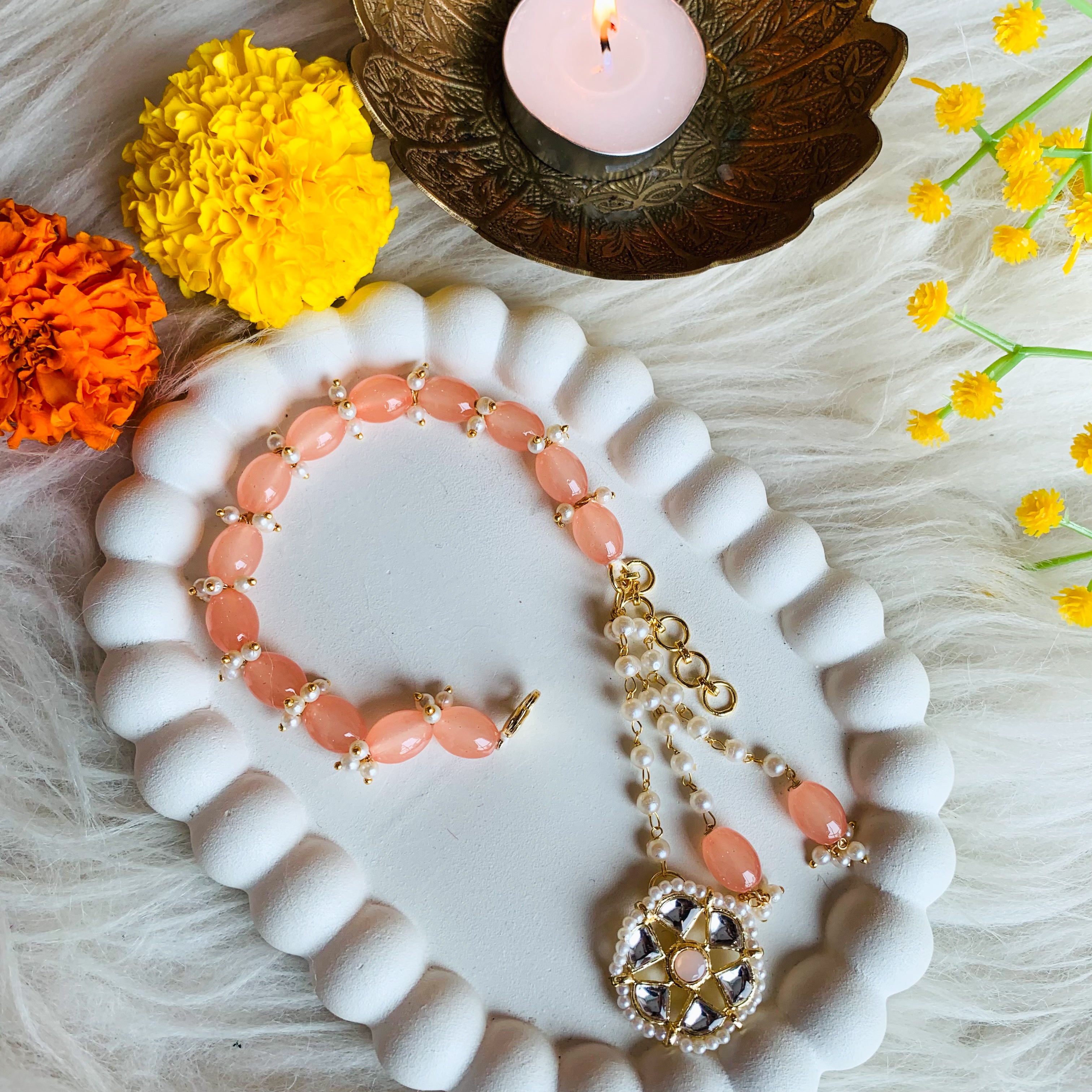 Peach Pearl Beaded Hanging Bracelet