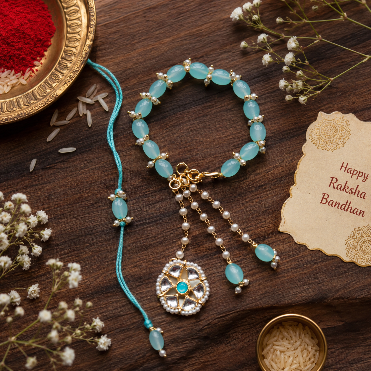 Turquoise Kundan Pearl Bhaiya Bhabhi Rakhi With Roli Chawal & Rakshabandhan Card