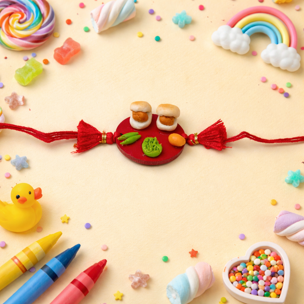 Cute Vada Pav Rakhi with Roli Chawal & Rakshabandhan Card
