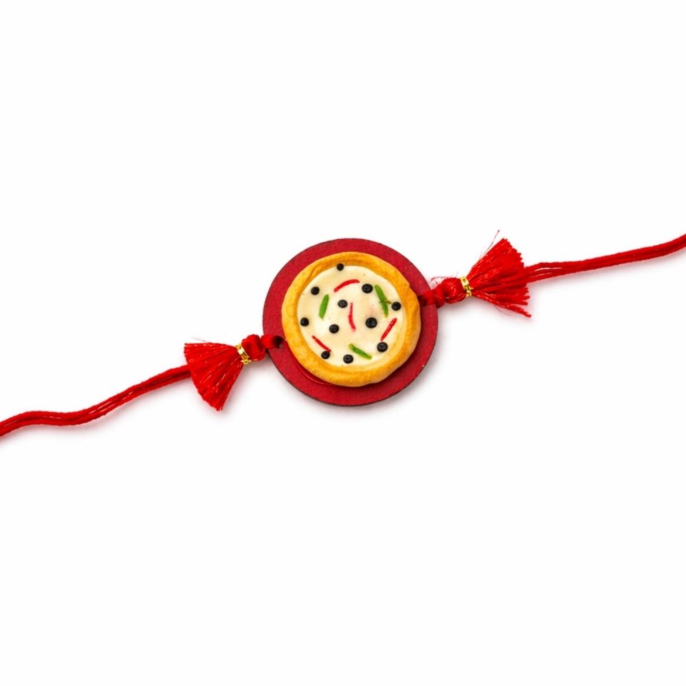 Cute Pizza Rakhi with Roli Chawal & Rakshabandhan Card