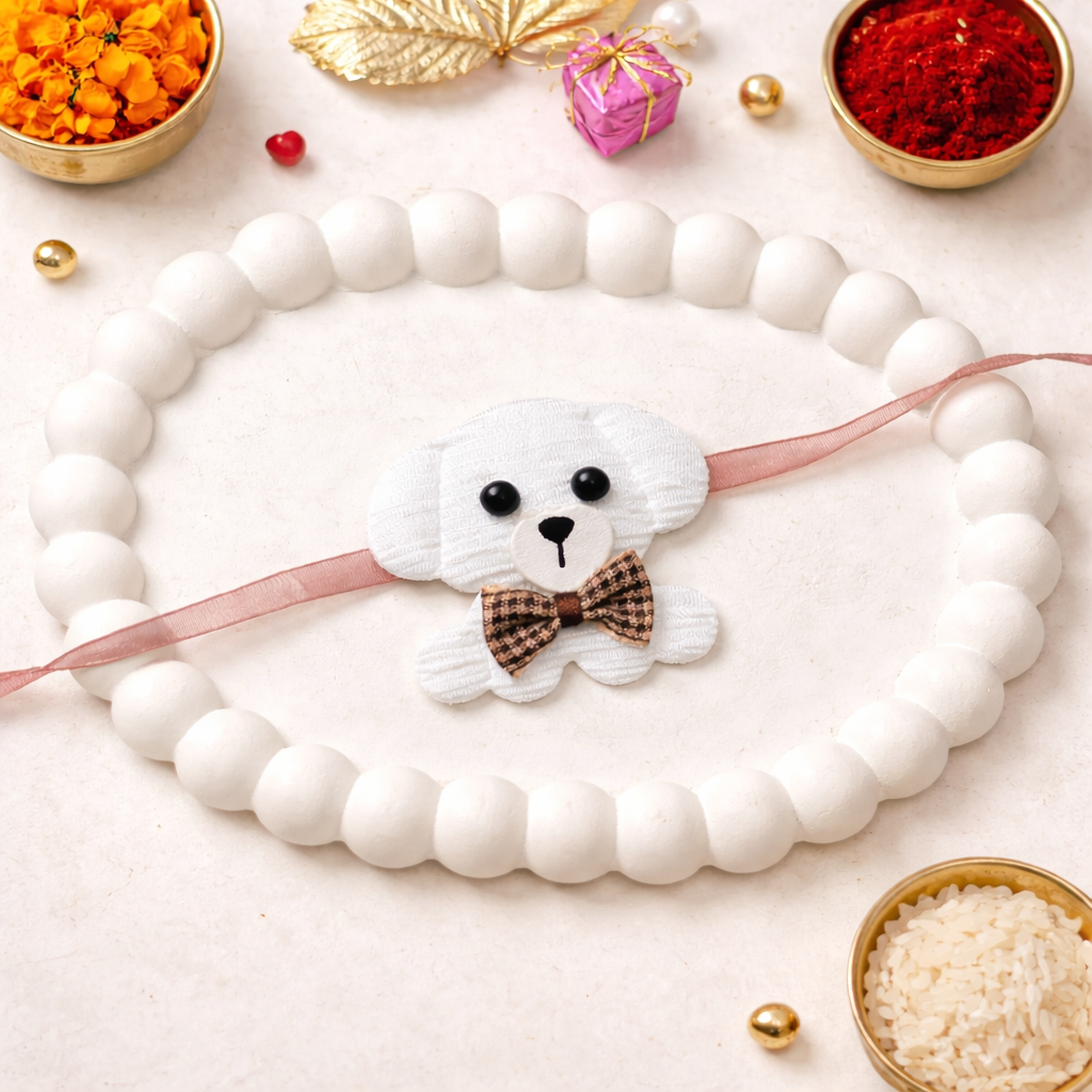 Cute Puppy Bow Tie Design Rakhi with Roli Chawal & Rakshabandhan Card