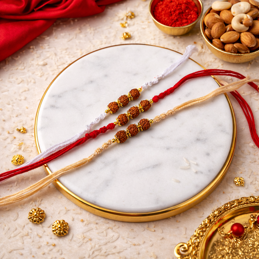 Rudraksh Rakhi with Roli Chawal & Rakshabandhan Card (Pack of 3)