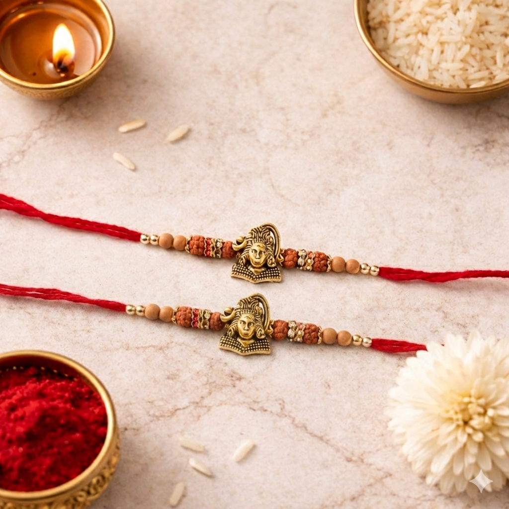 Mahadev Wooden Beads Rakhi with Roli Chawal & Rakshabandhan Card