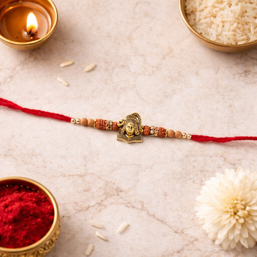 Mahadev Rudraksha & Wooden Beads Rakhi with Roli Chawal & Rakshabandhan Card