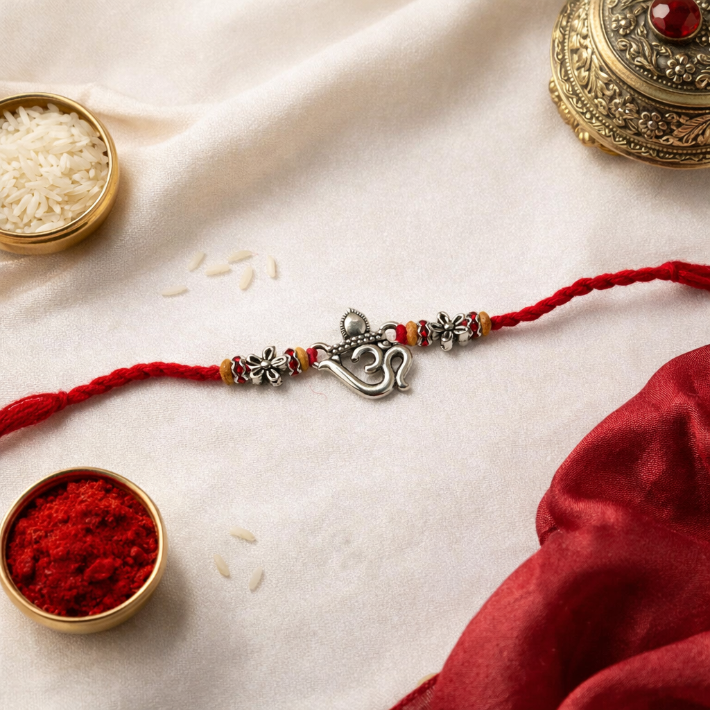 Om Rakhi Floral Motif and Red Thread with Roli Chawal & Rakshabandhan Card