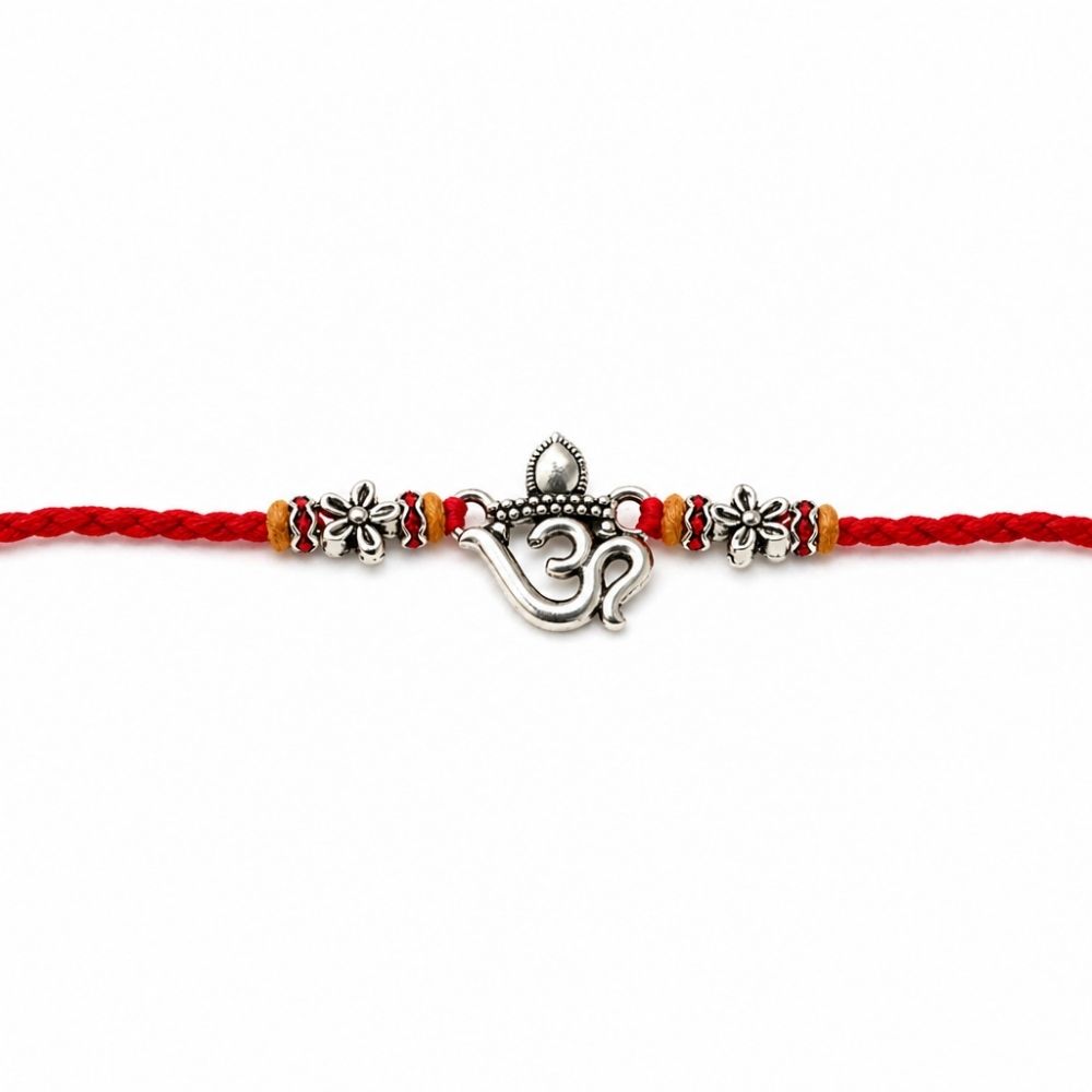 Om Rakhi Floral Motif and Red Thread with Roli Chawal & Rakshabandhan Card