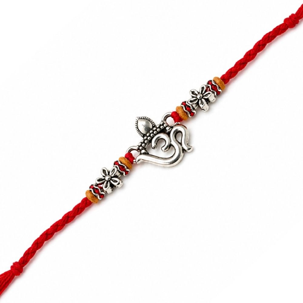 Om Rakhi Floral Motif and Red Thread with Roli Chawal & Rakshabandhan Card