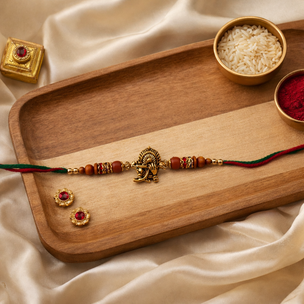 Peacock Feather Krishna Flute Rakhi with Roli Chawal & Rakshabandhan Card