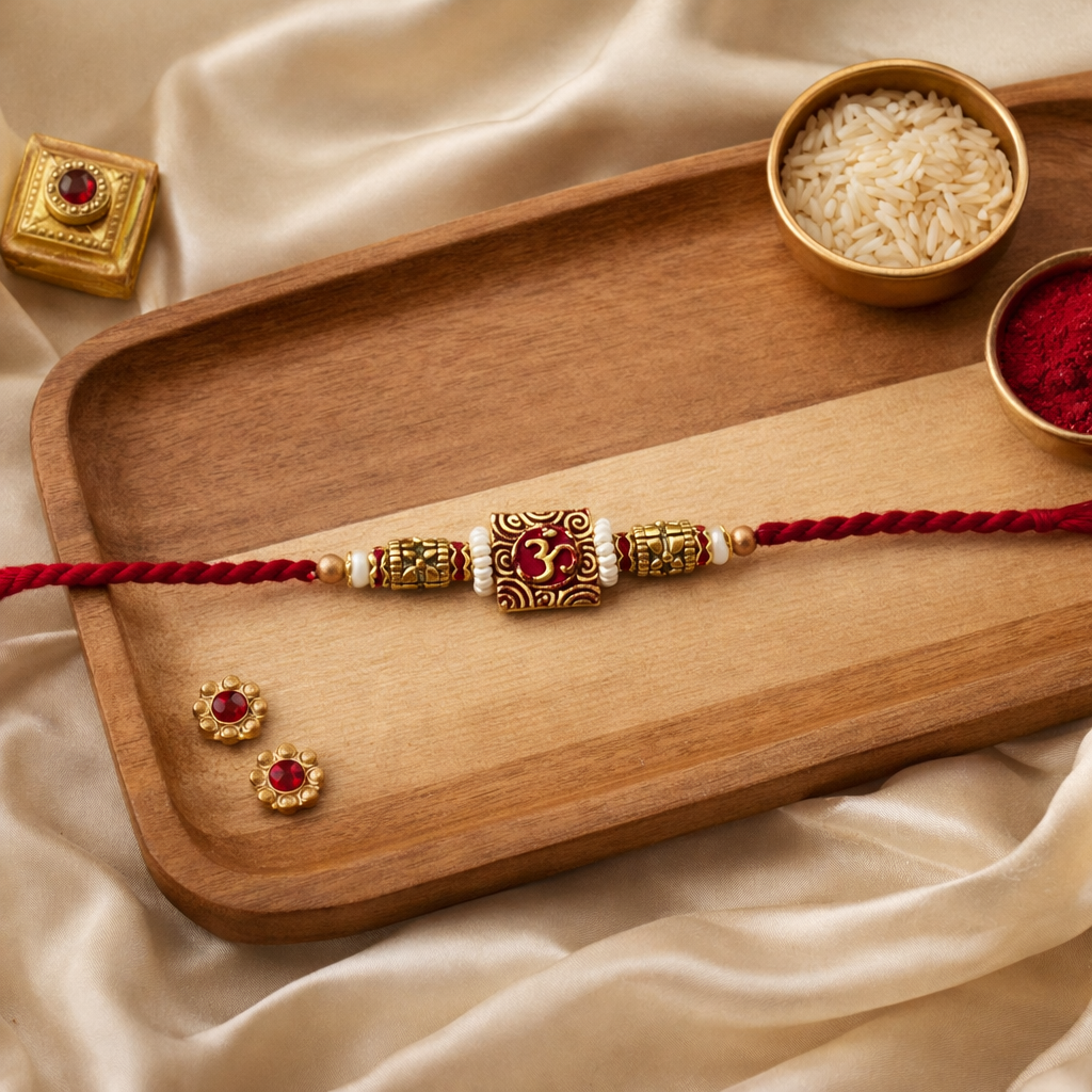 Om Pearl & Beads Rakhi with Roli Chawal & Rakshabandhan Card