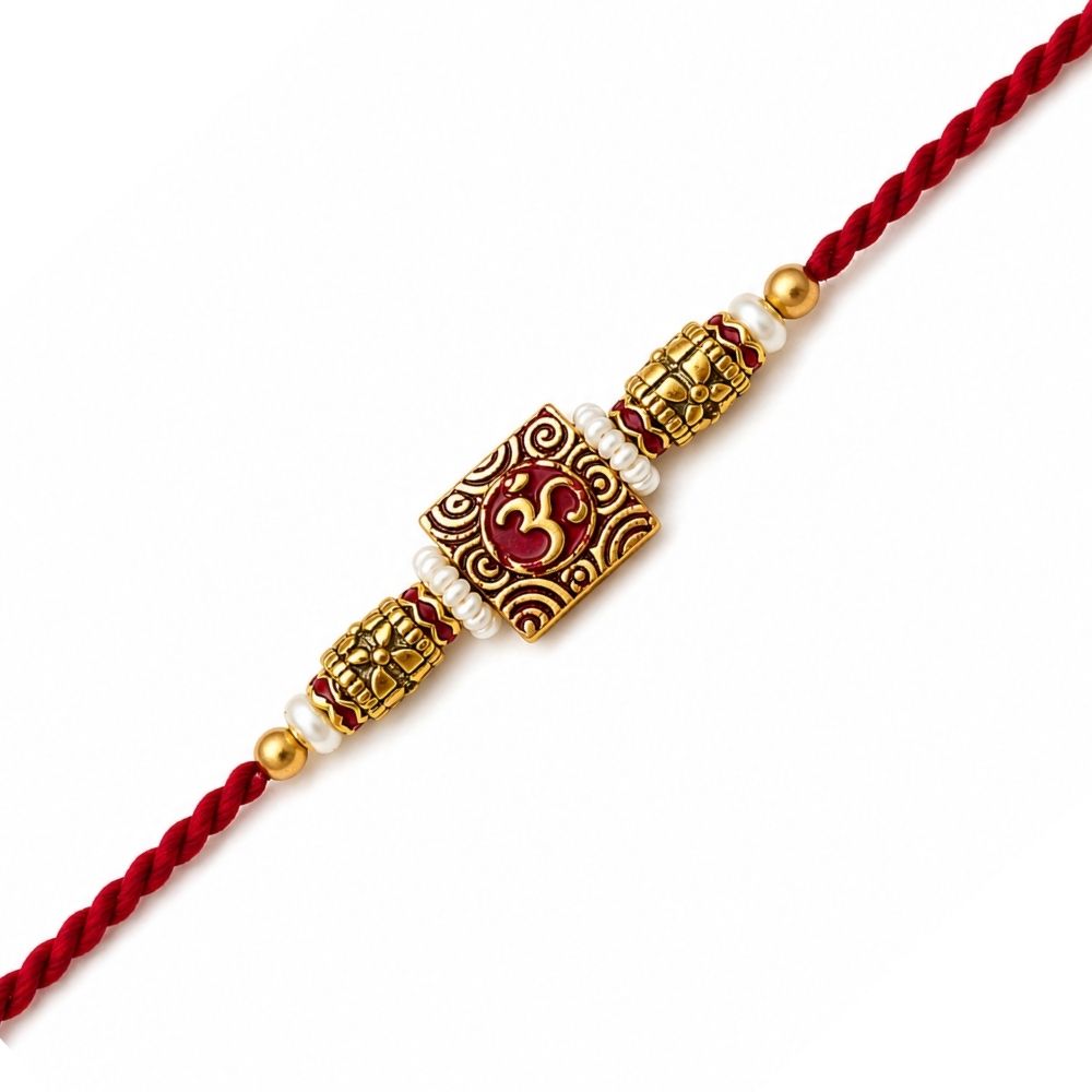 Om Pearl & Beads Rakhi with Roli Chawal & Rakshabandhan Card