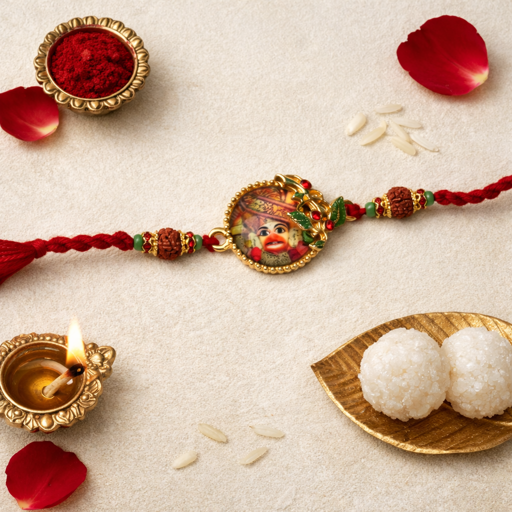Traditional Khatu Shyam Ji Rakhi with Roli Chawal & Rakshabandhan Card