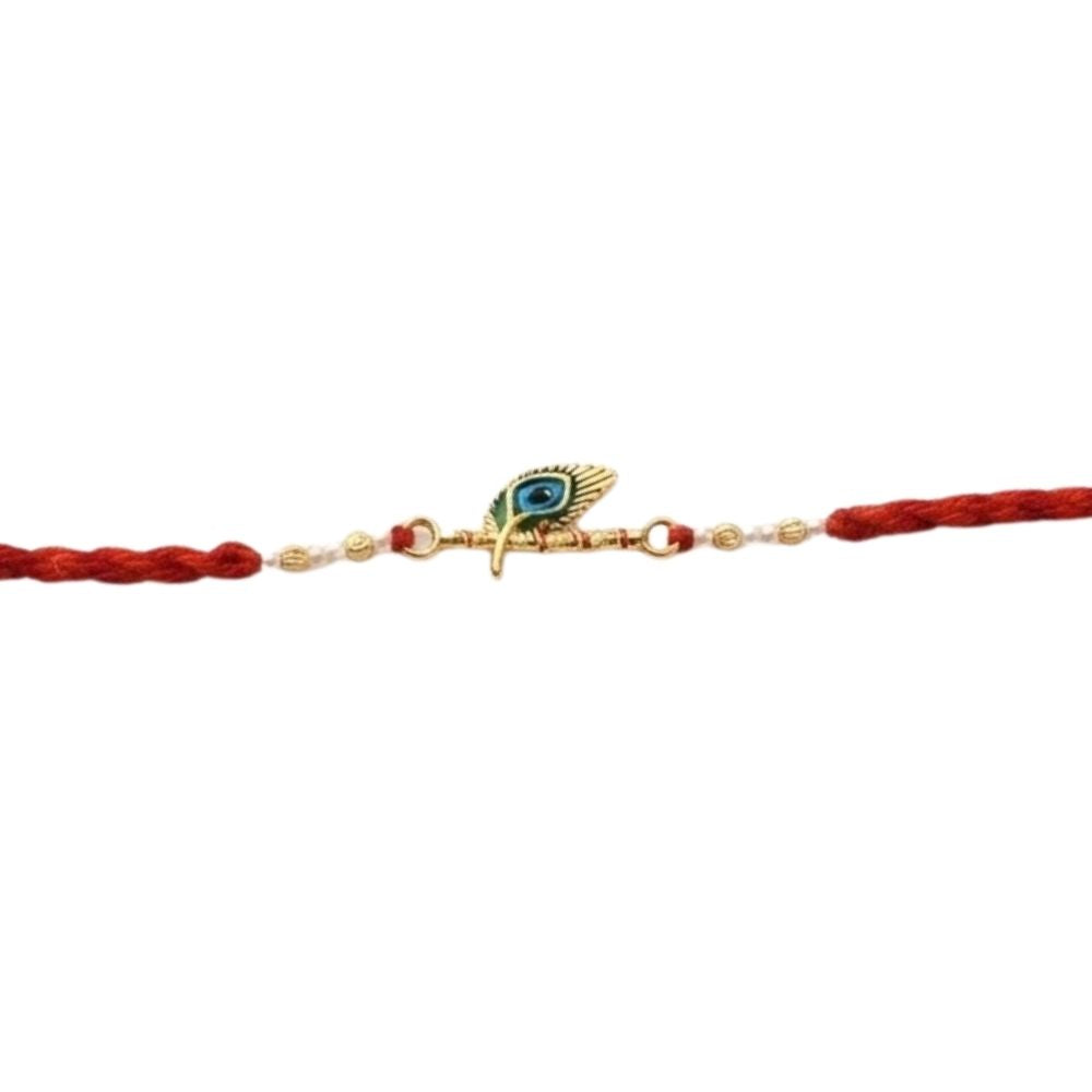 Krishna Inspired Peacock Feather Rakhi with Roli Chawal & Rakshabandhan Card