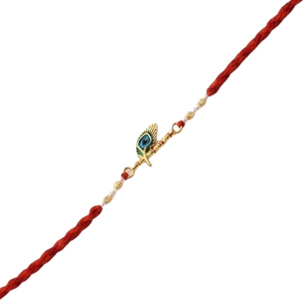 Krishna Inspired Peacock Feather Rakhi with Roli Chawal & Rakshabandhan Card