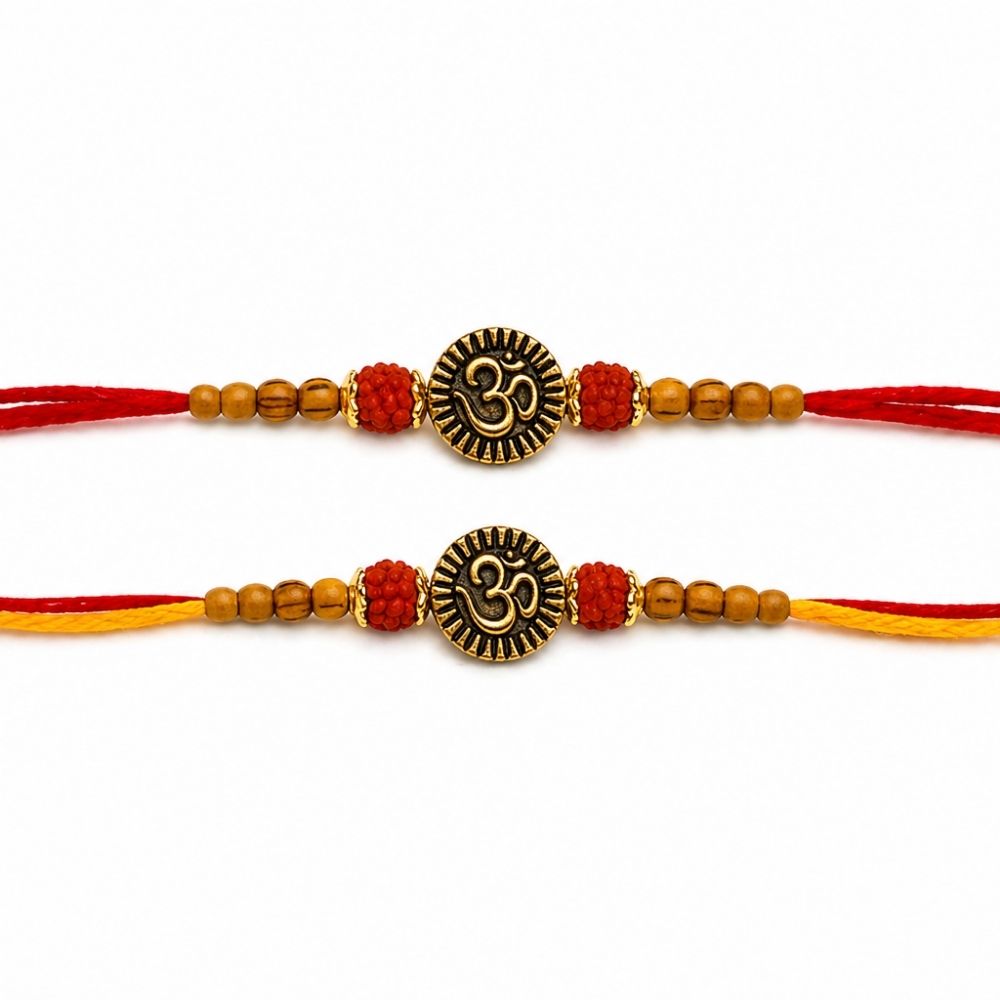 Traditional Om Rakhi with Roli Chawal & Rakshabandhan Card (Pack Of 2)