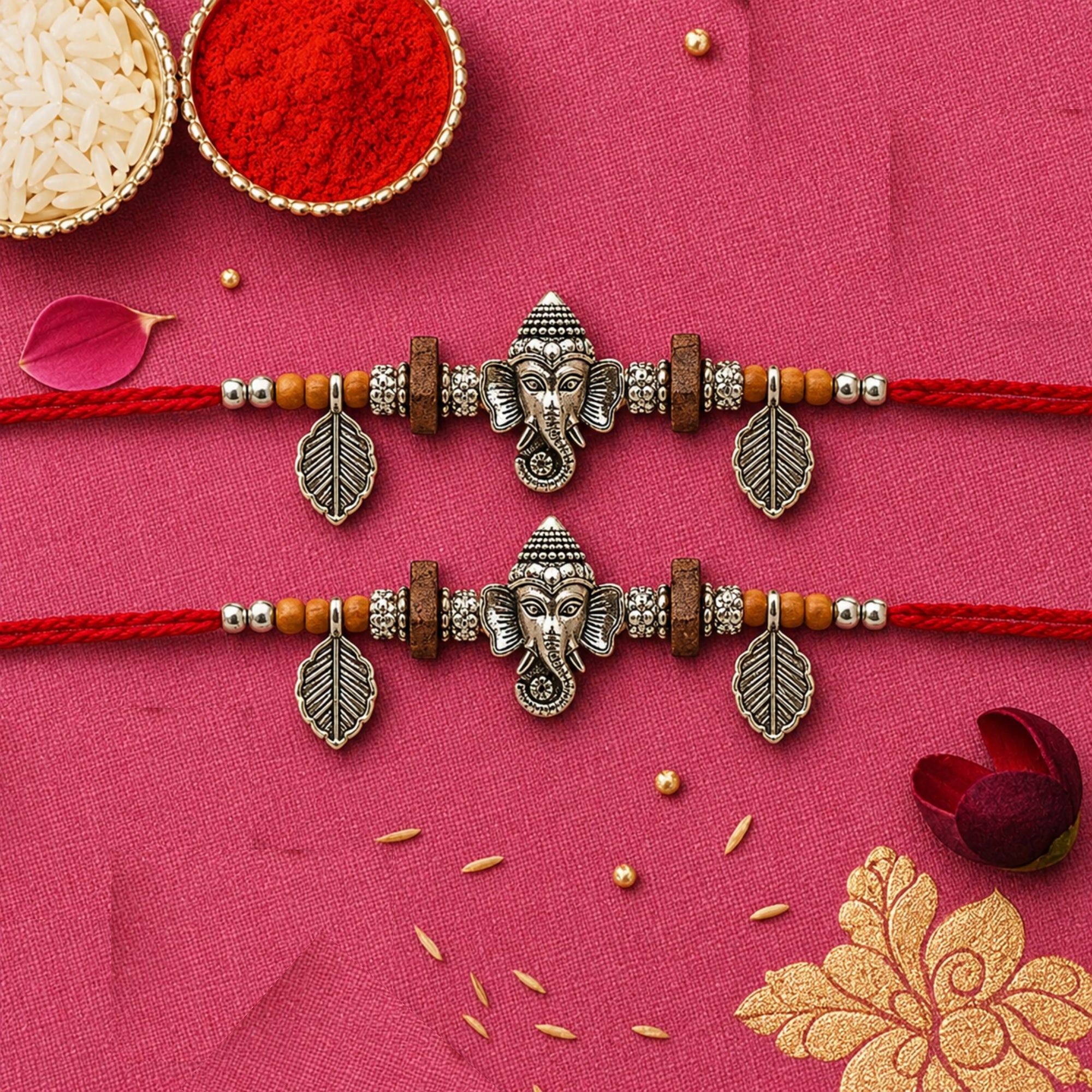 Shree Ganesha Rakhi with Roli Chawal & Rakshabandhan Card (Pack of 2)