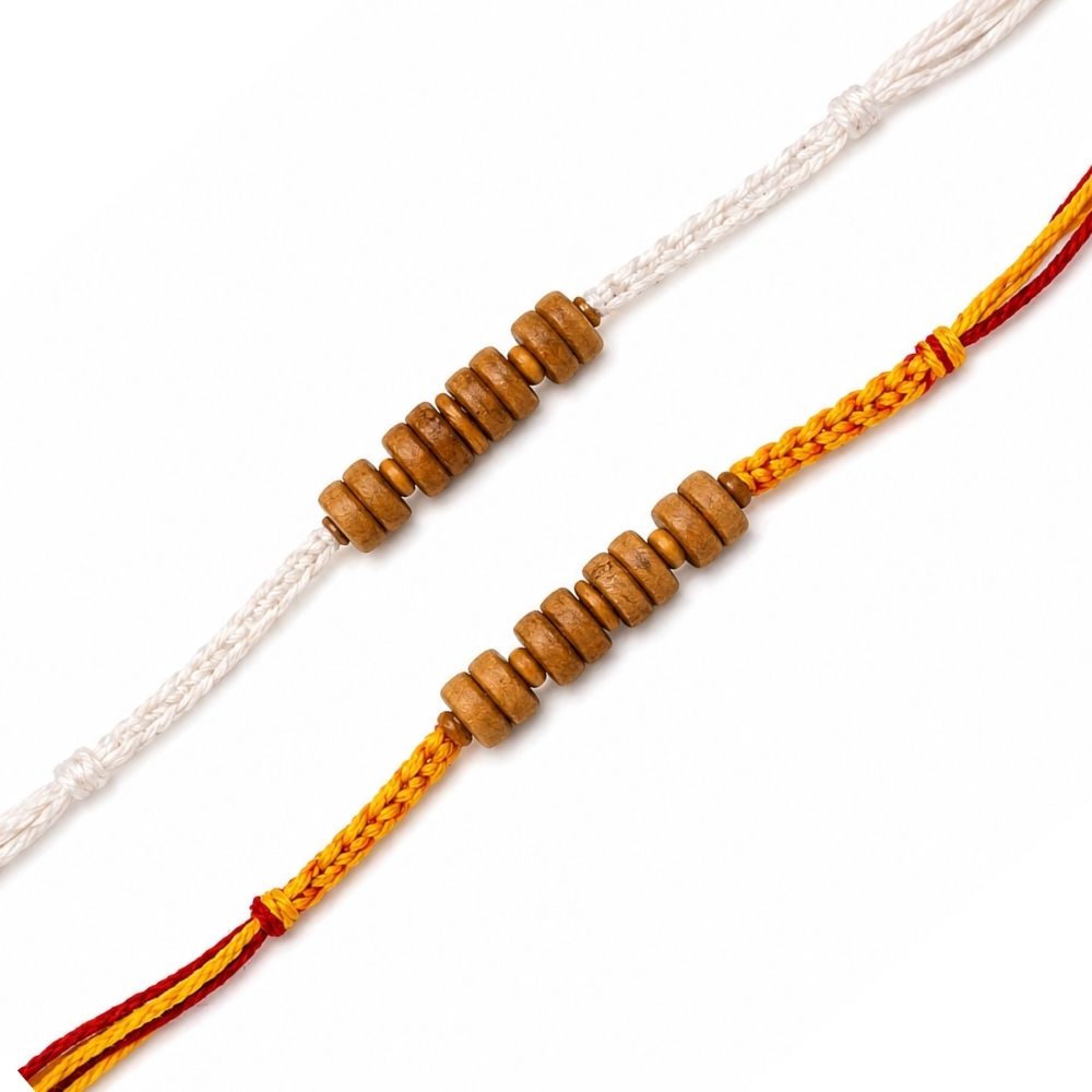 Wooden Disc Beaded Rakhi with Roli Chawal & Rakshabandhan Card (Pack of 2)