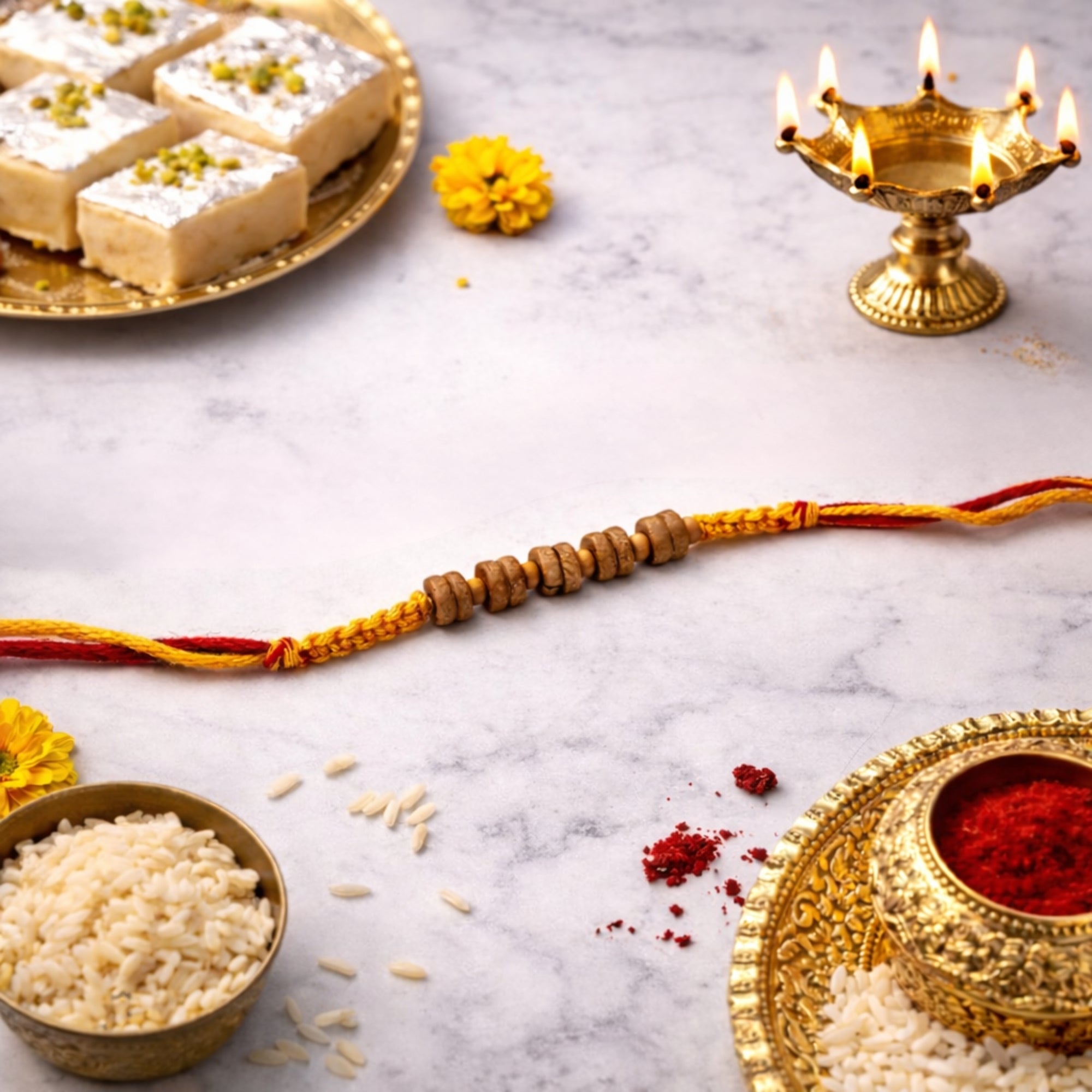 Wooden Disc Beaded Rakhi with Roli Chawal & Rakshabandhan Card