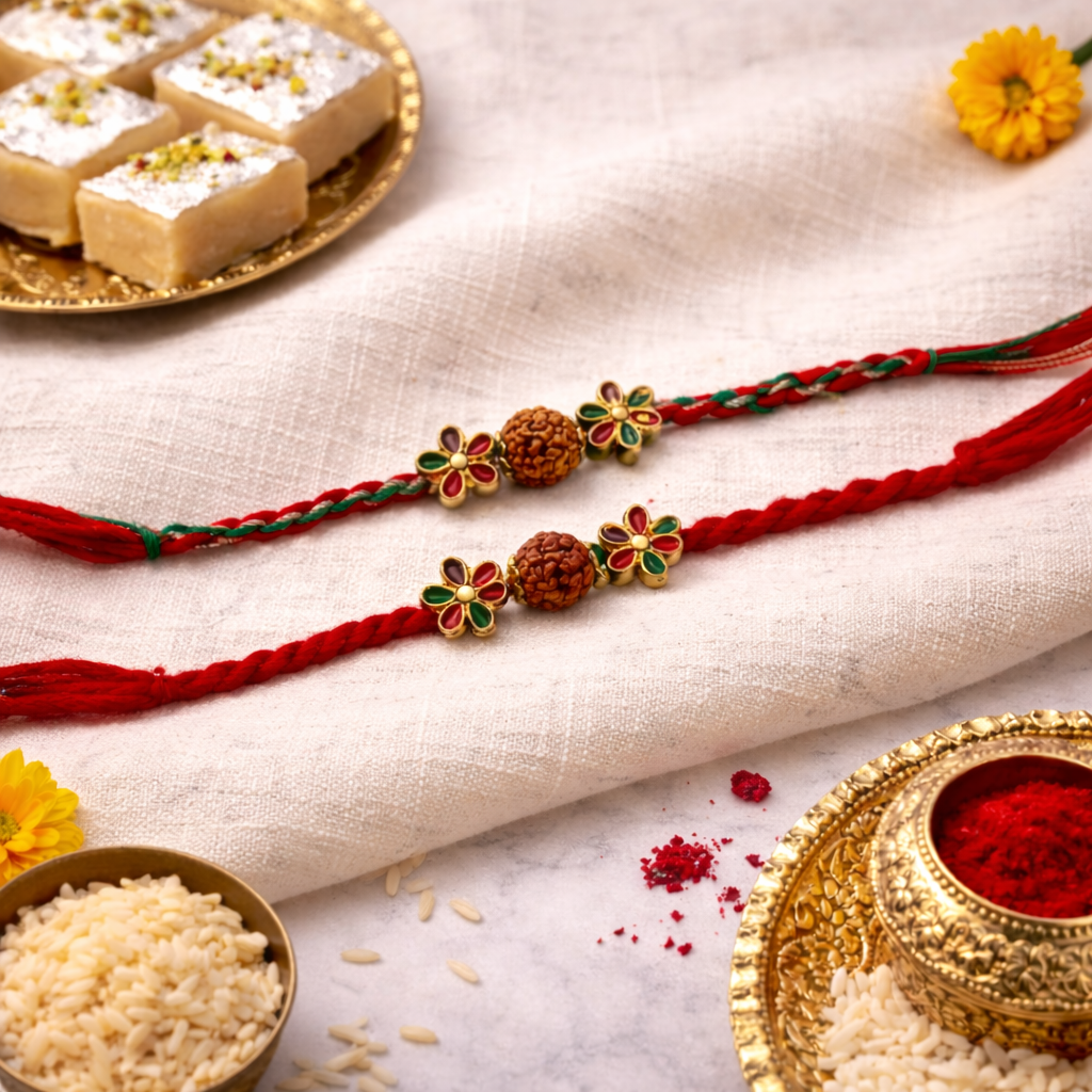 Traditional Rudraksha Floral Rakhi with Roli Chawal & Rakshabandhan Card (Pack of 2)