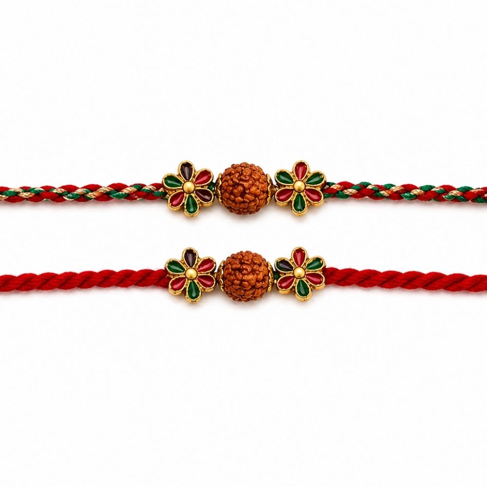 Traditional Rudraksha Floral Rakhi with Roli Chawal & Rakshabandhan Card (Pack of 2)