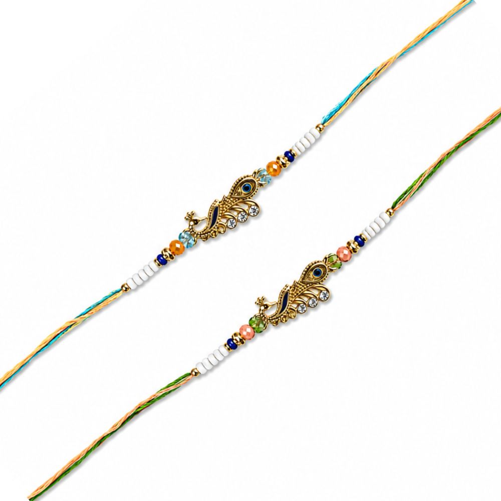 Designer Mor Rakhi with Roli Chawal & Rakshabandhan Card (Pack of 2)
