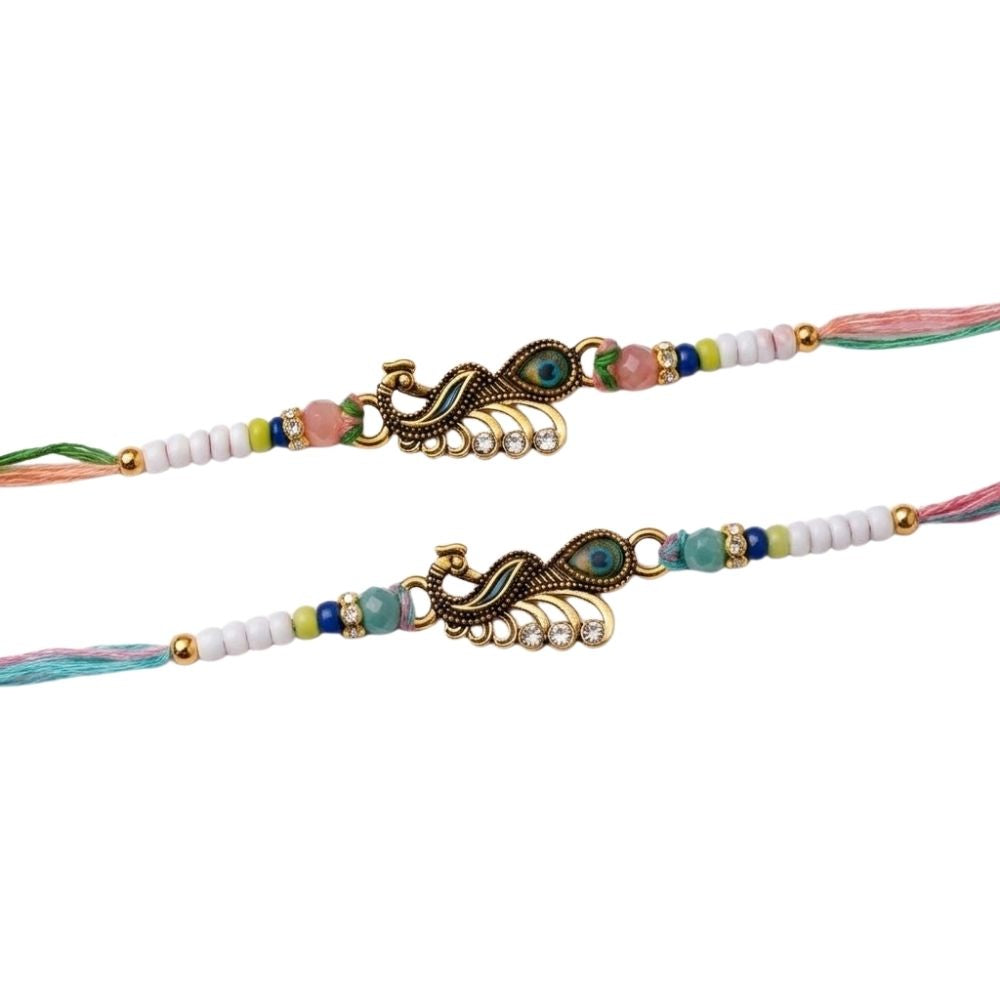 Elegant Mor Rakhi with Roli Chawal & Rakshabandhan Card (Pack of 2)