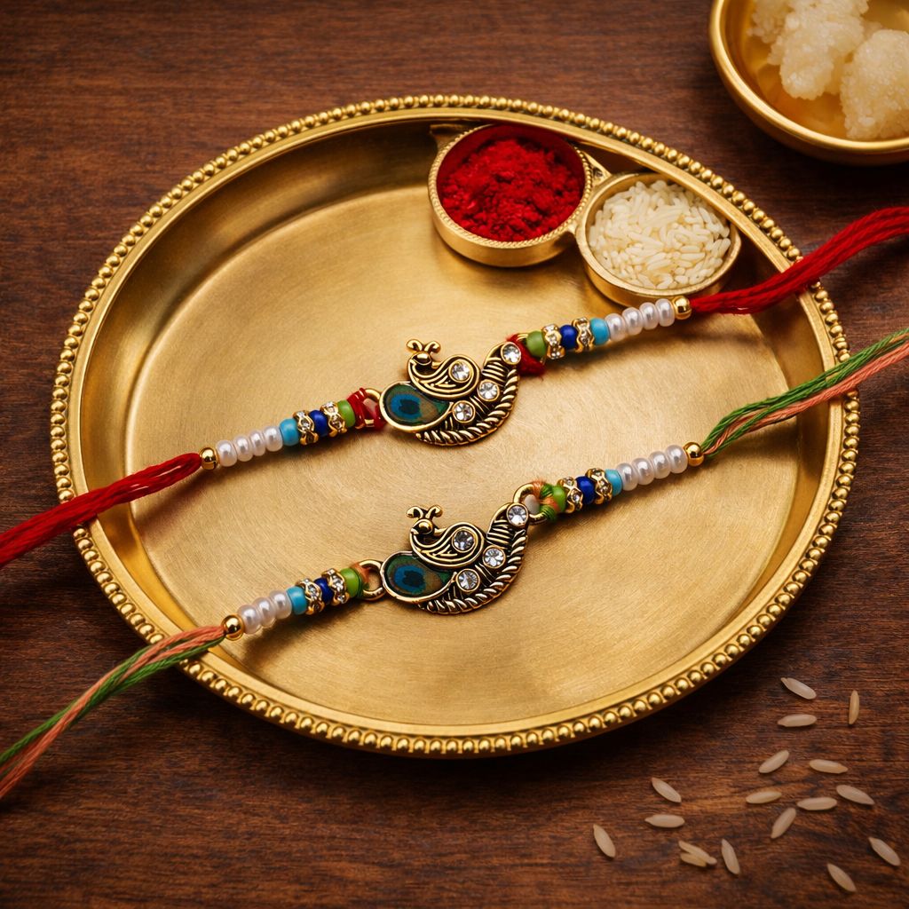 Elegant Peacock Rakhi with Roli Chawal & Rakshabandhan Card (Pack of 2)