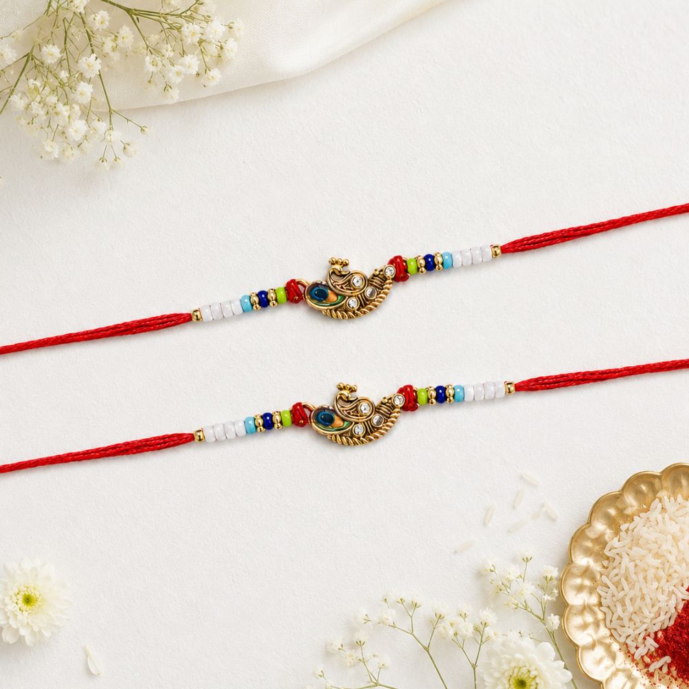 Elegant Mor Feather Rakhi with Roli Chawal & Rakshabandhan Card (Pack of 2)