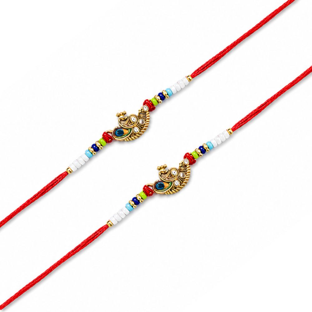 Elegant Mor Feather Rakhi with Roli Chawal & Rakshabandhan Card (Pack of 2)