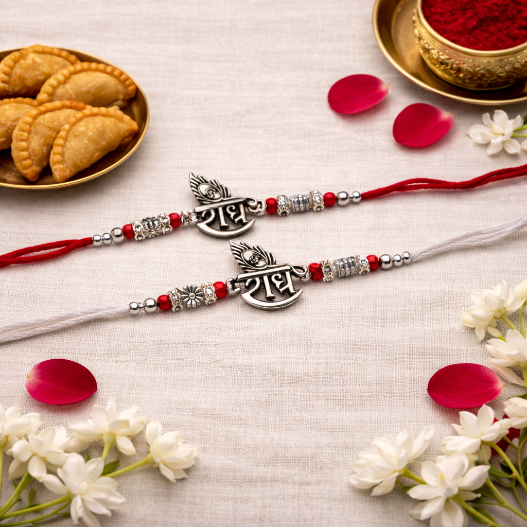 Radhe Peacock Feather Rakhi with Roli Chawal & Rakshabandhan Card (Pack of 2)