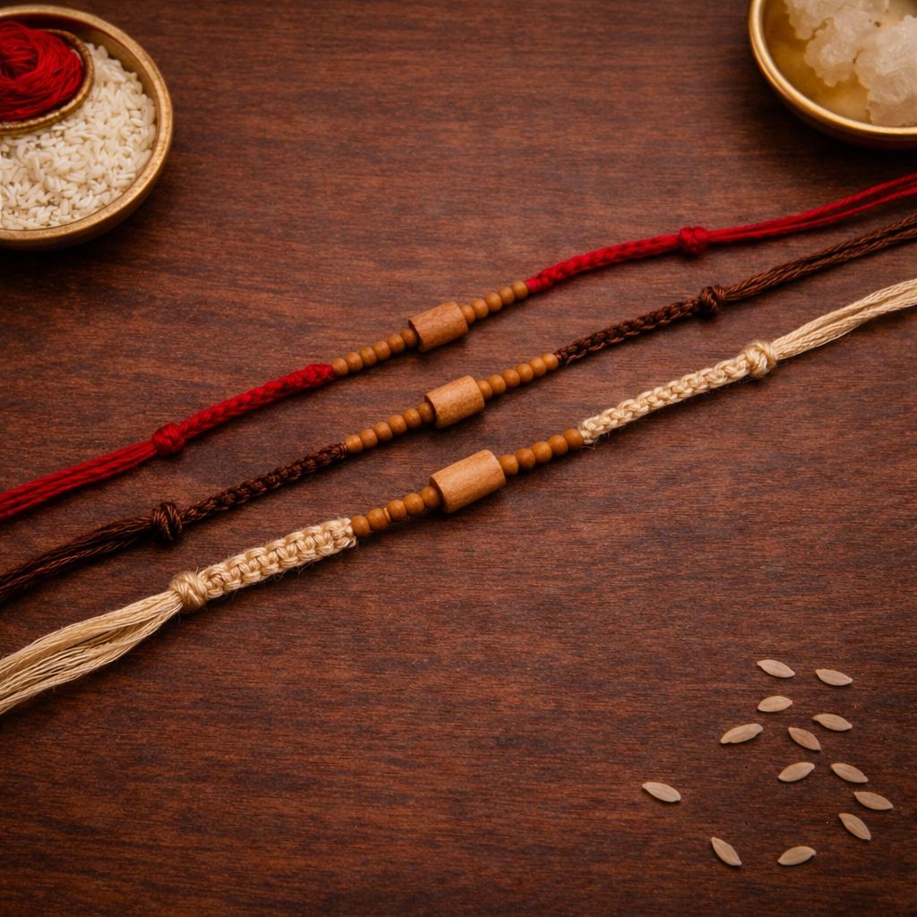 Minimalist Wooden Bead Rakhi with Roli Chawal & Rakshabandhan Card (Pack of 3)
